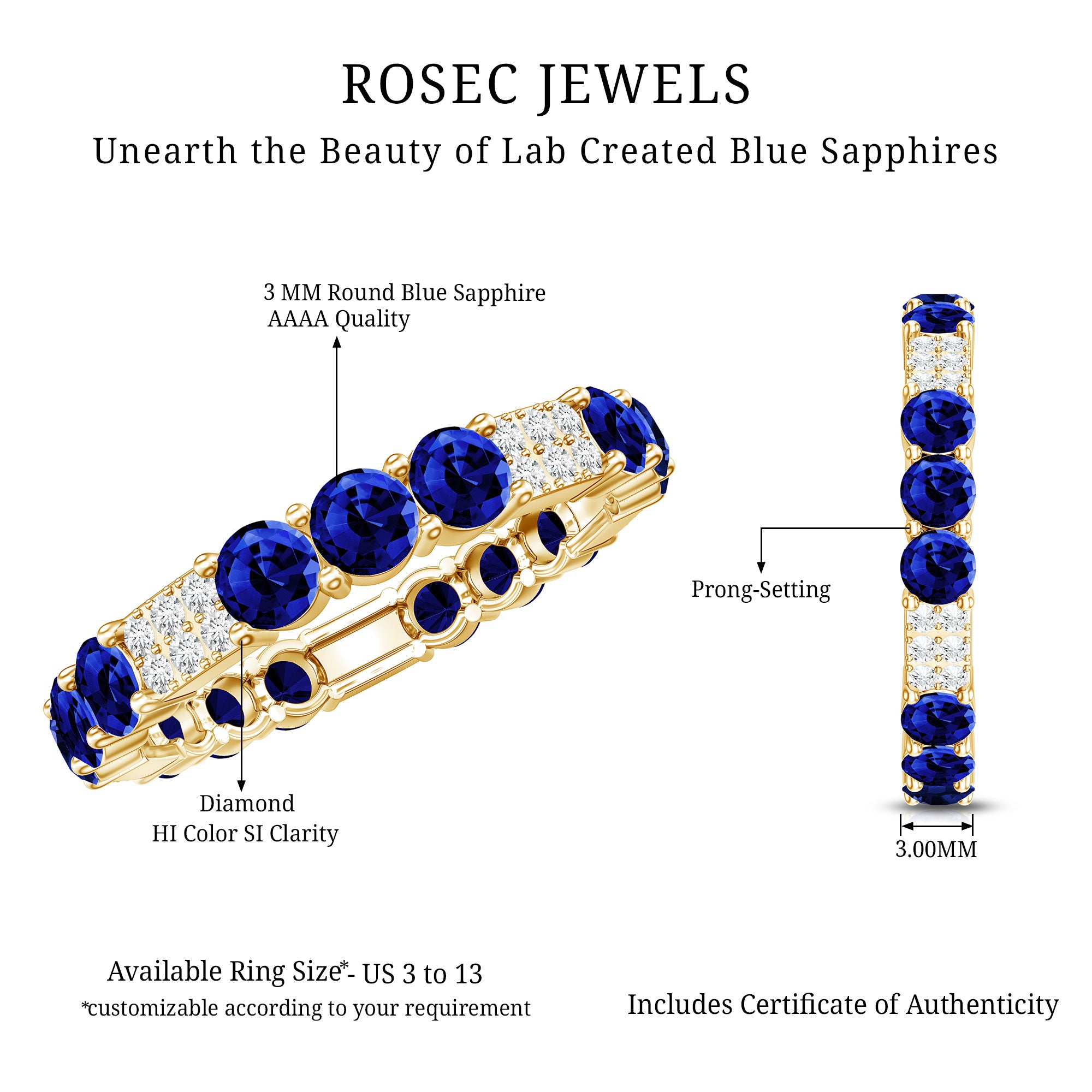 Certified Lab Grown Blue Sapphire Eternity Band Ring with Diamond AAAA - Rosec Jewels