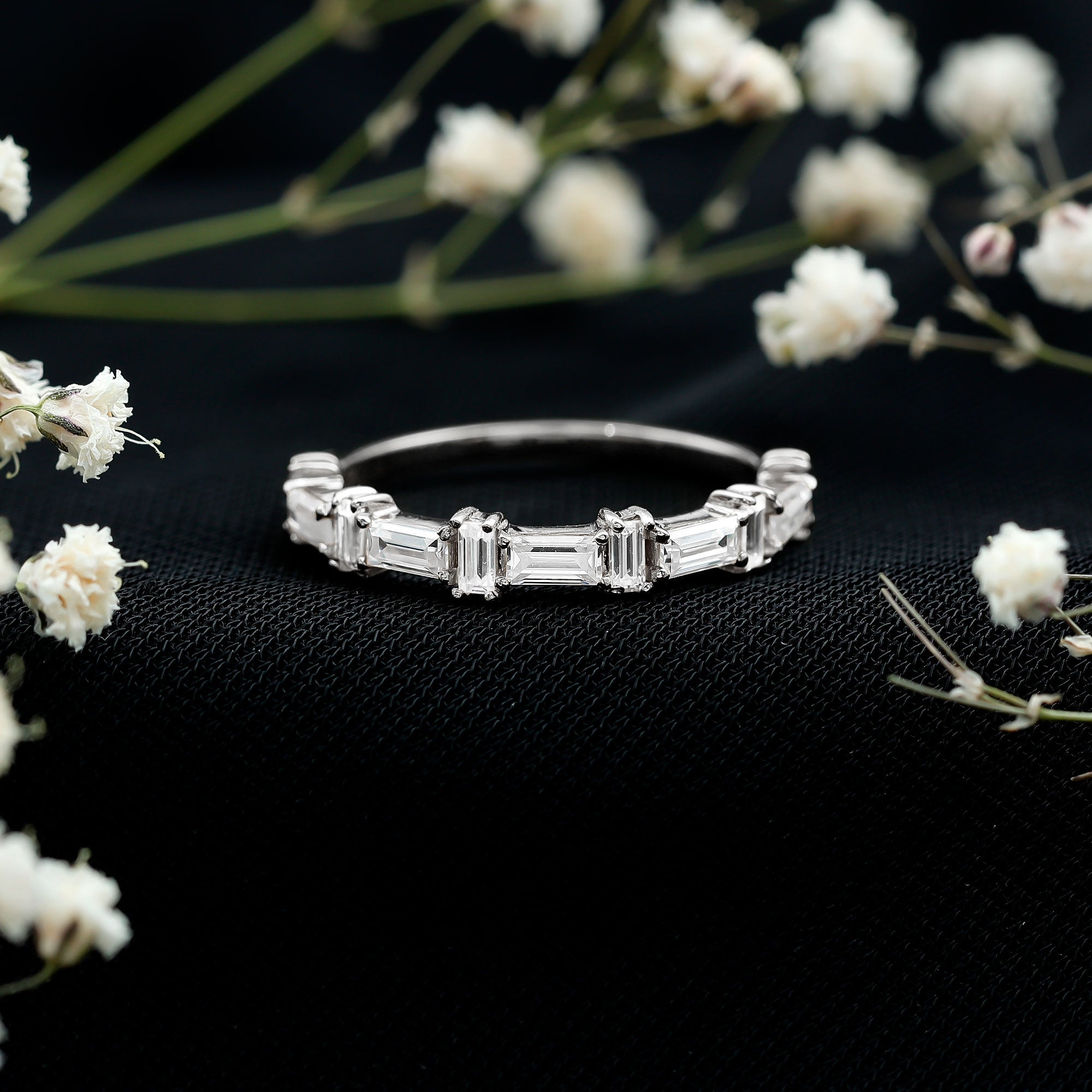 Baguette Cut Cubic Zirconia Designer Half Eternity Ring AAAA - Rosec Jewels