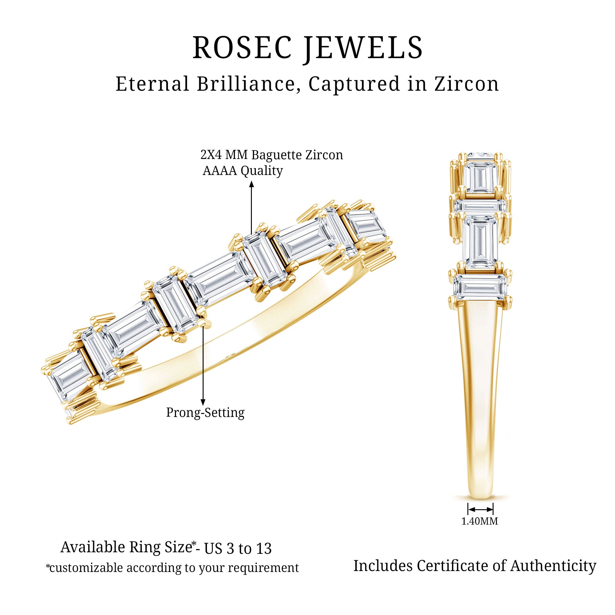 Baguette Cut Cubic Zirconia Designer Half Eternity Ring AAAA - Rosec Jewels