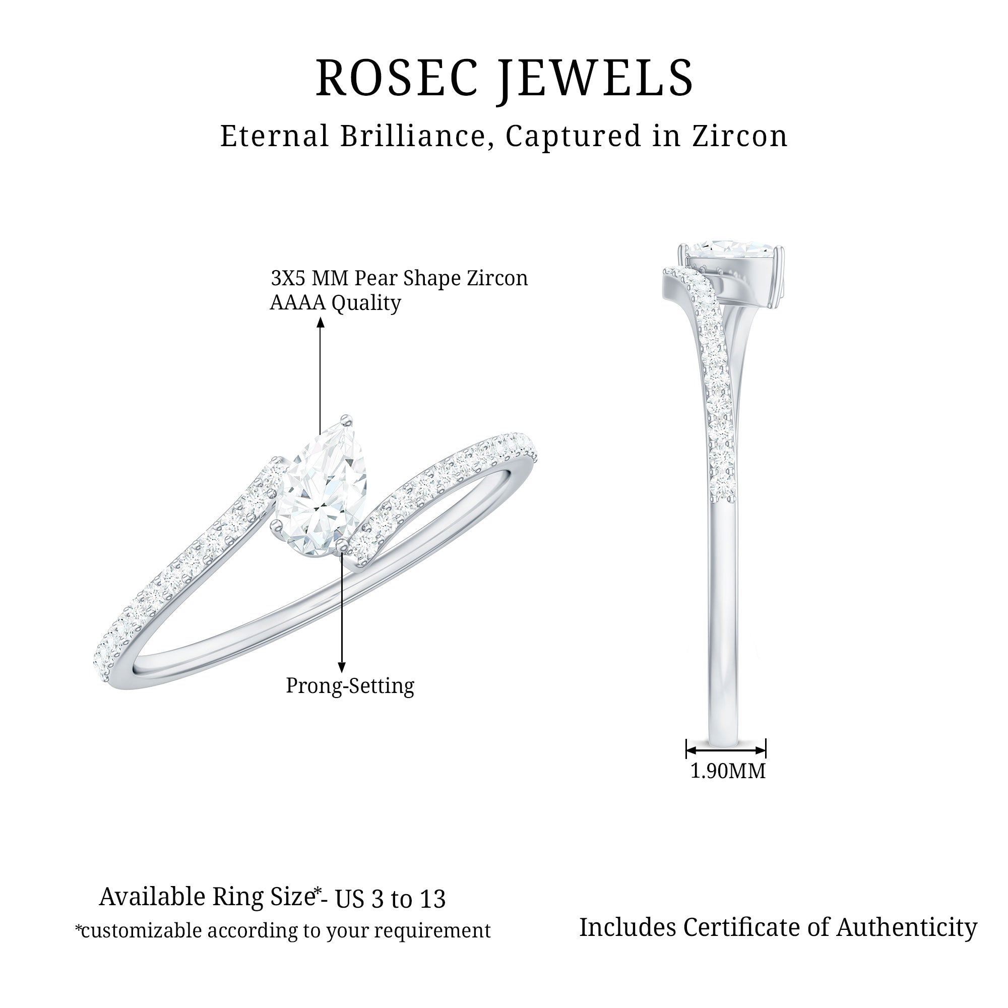 Tilted Pear Shape Simulated Diamond Bypass Promise Ring AAAA - Rosec Jewels