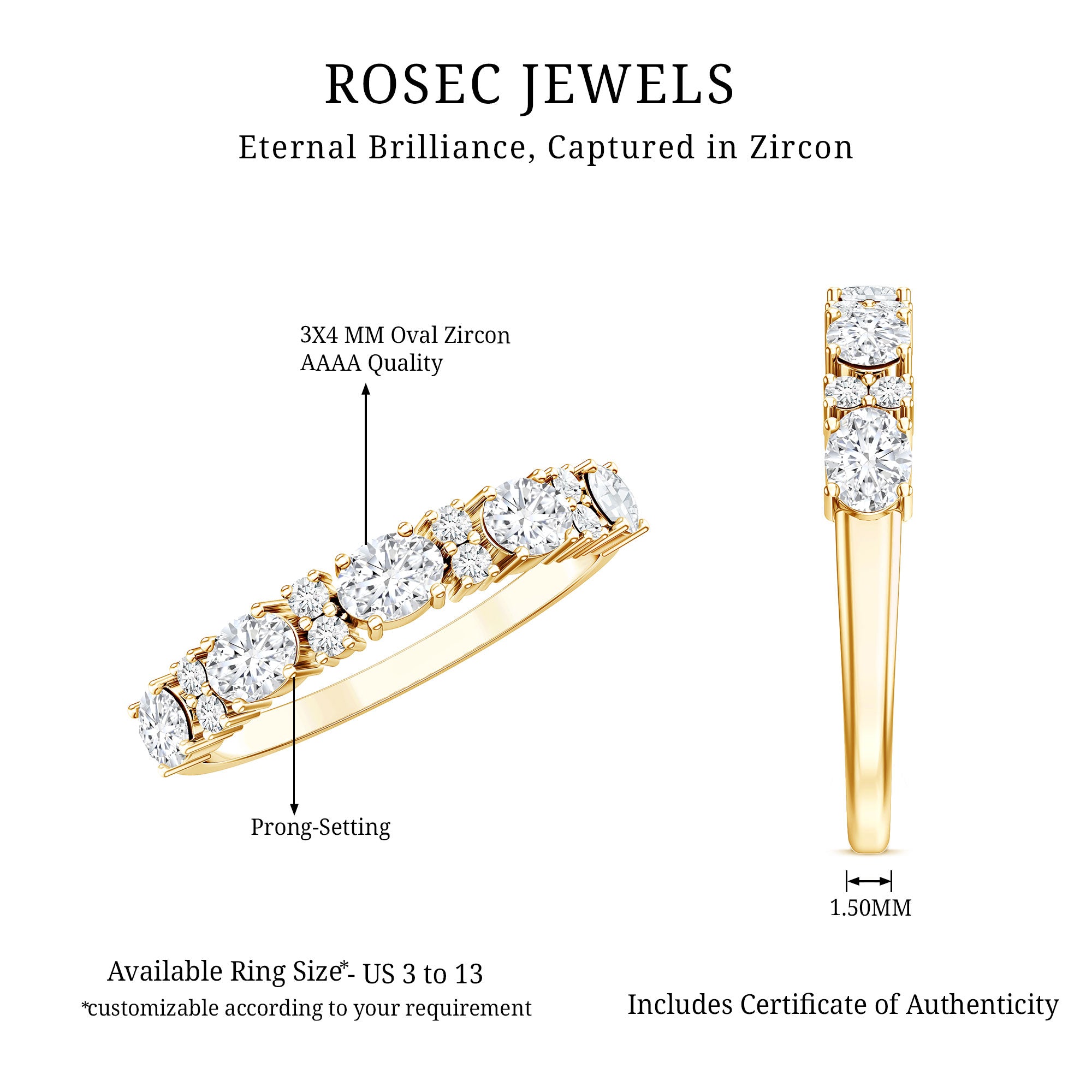 Oval and Round Cubic Zirconia Half Eternity Wedding Band AAAA - Rosec Jewels