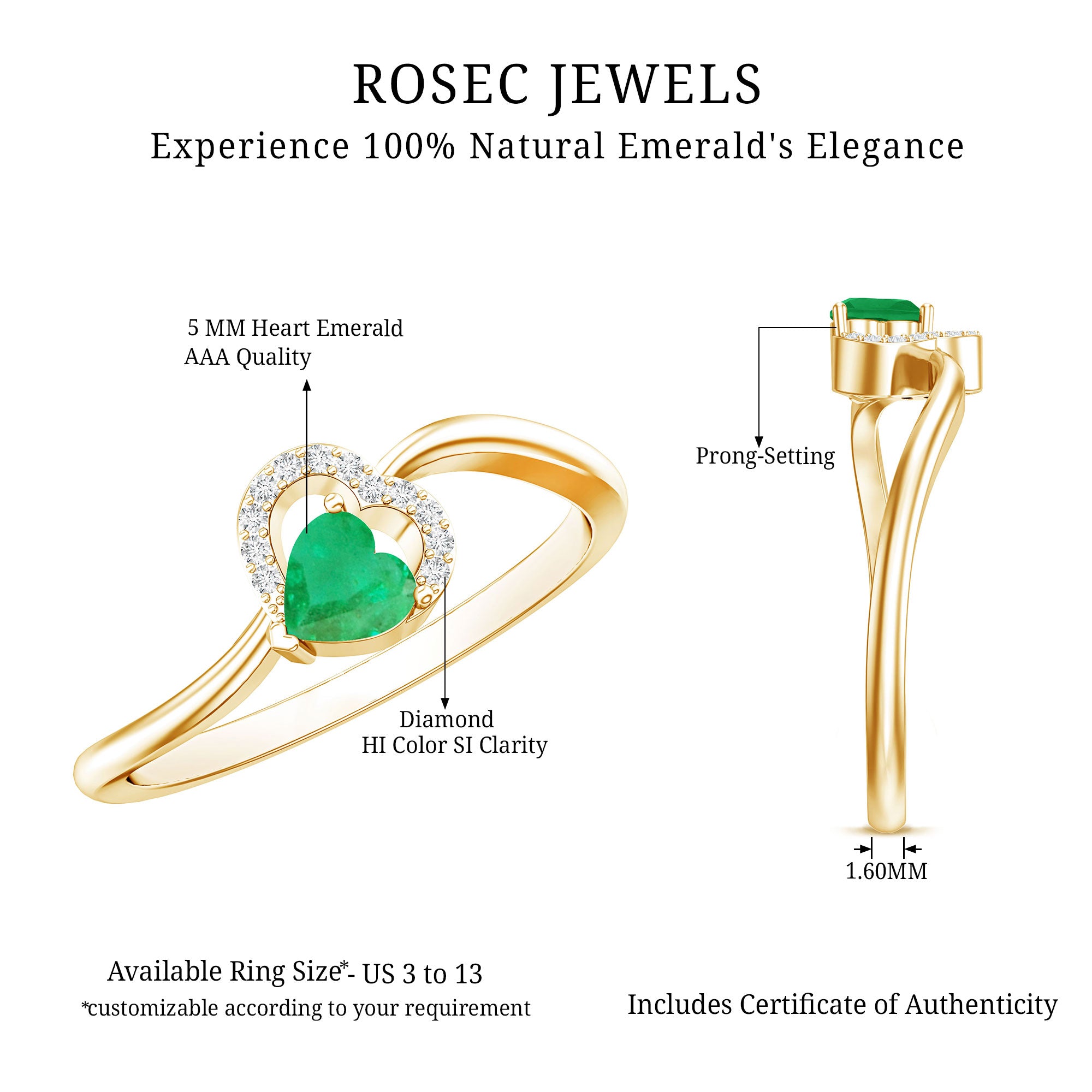 Certified Natural Emerald Heart Promise Ring with Diamond AAA - Rosec Jewels