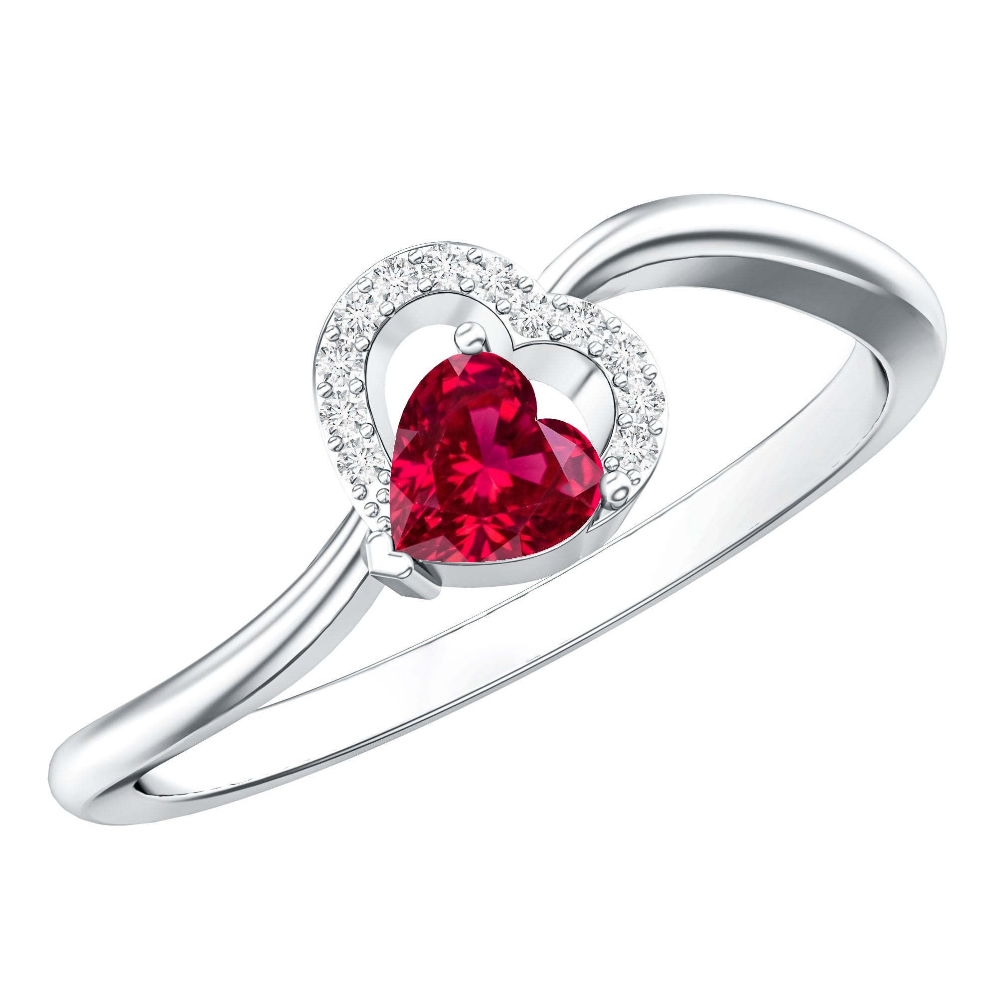 Heart Shape Lab Grown Ruby and Diamond Twisted Promise Ring AAAA - Rosec Jewels
