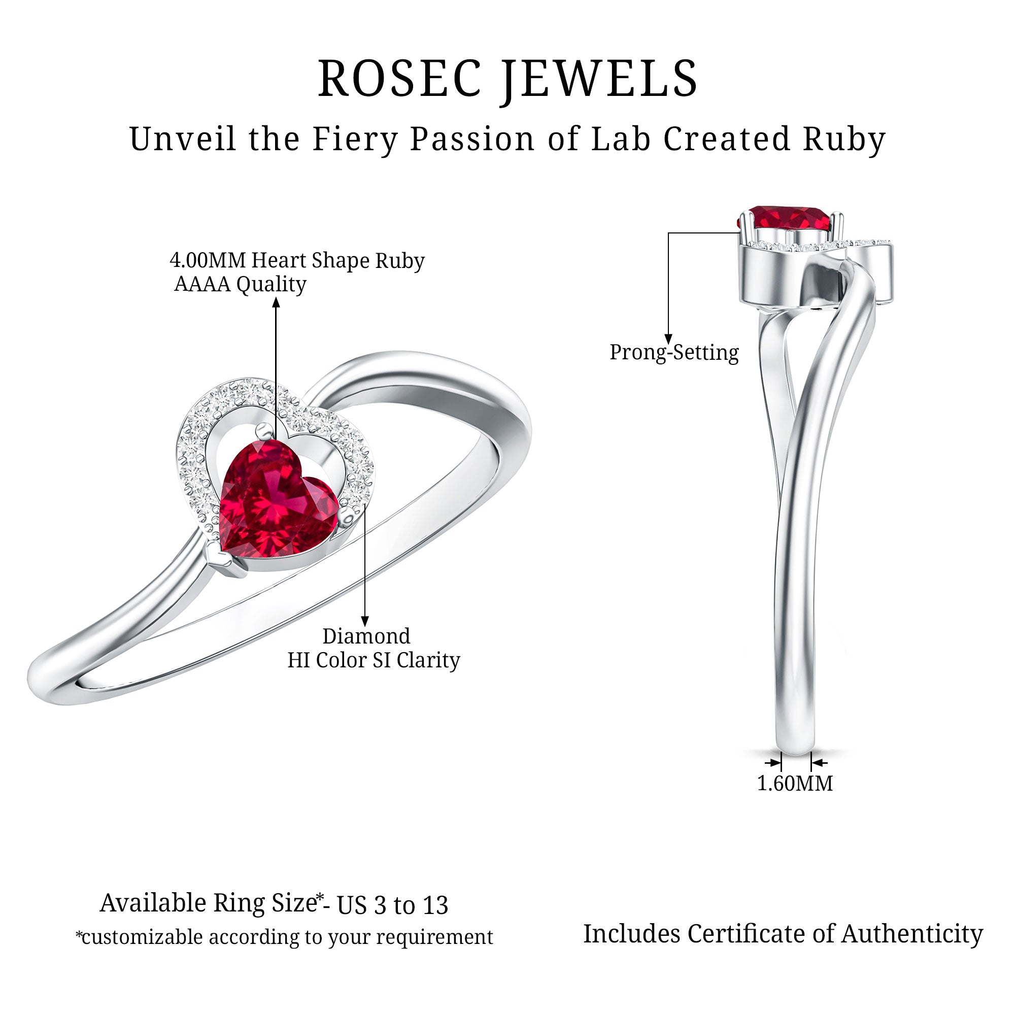 Heart Shape Lab Grown Ruby and Diamond Twisted Promise Ring AAAA - Rosec Jewels