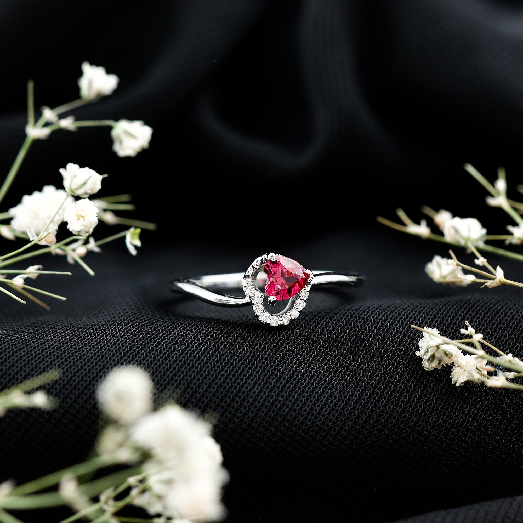 Heart Shape Lab Grown Ruby and Diamond Twisted Promise Ring AAAA - Rosec Jewels