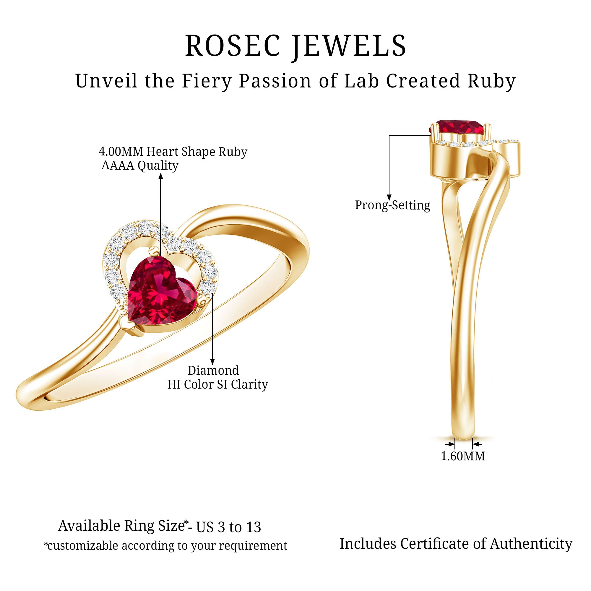 Heart Shape Lab Grown Ruby and Diamond Twisted Promise Ring AAAA - Rosec Jewels