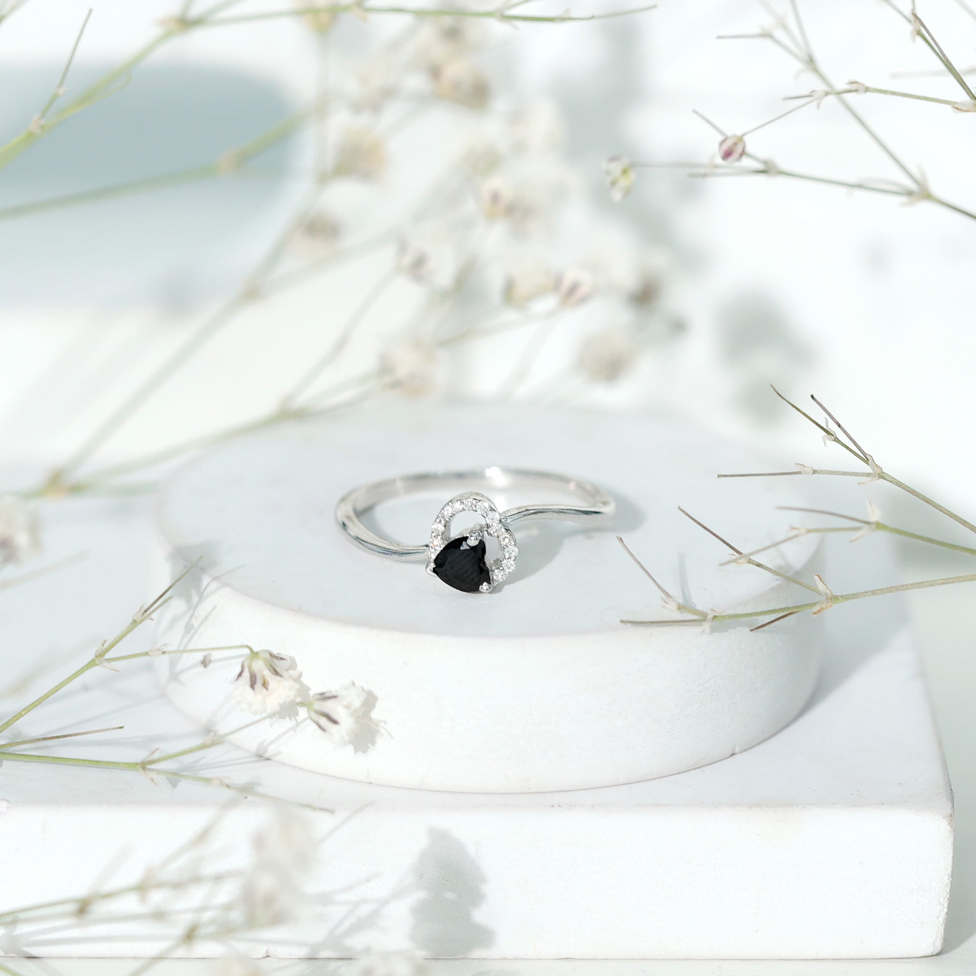 Genuine Black Onyx and Diamond Heart Promise Ring AAA - Rosec Jewels