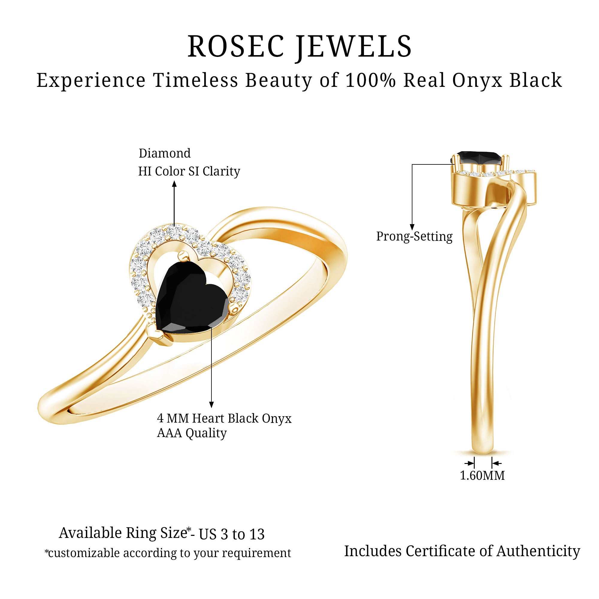 Genuine Black Onyx and Diamond Heart Promise Ring AAA - Rosec Jewels
