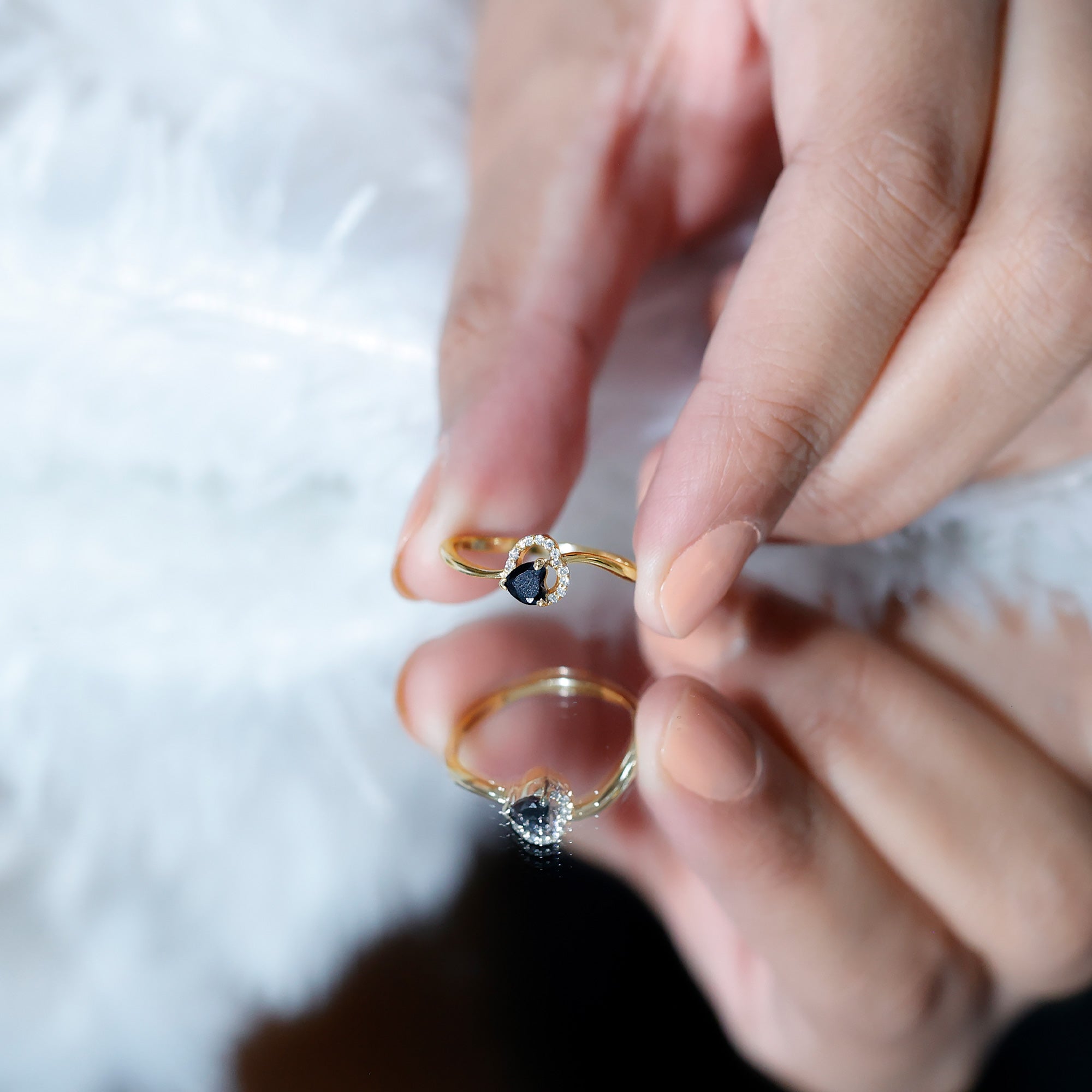 Natural Black Spinel Heart Promise Ring with Diamond AAA - Rosec Jewels