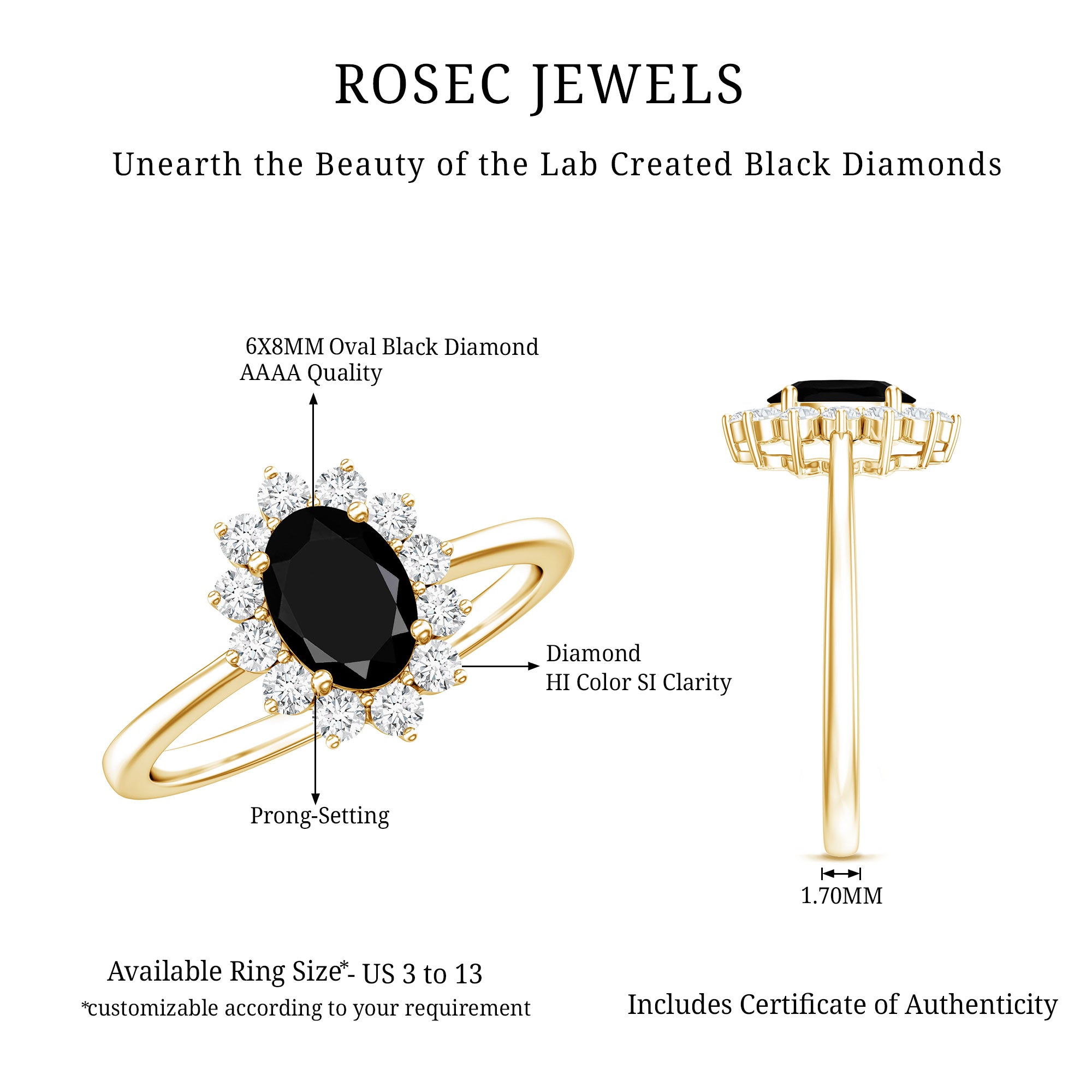 1.9 Carat Lab Grown Black Diamond Oval Engagement Ring with White Diamond Halo AAAA ( Synthetic ) - Rosec Jewels