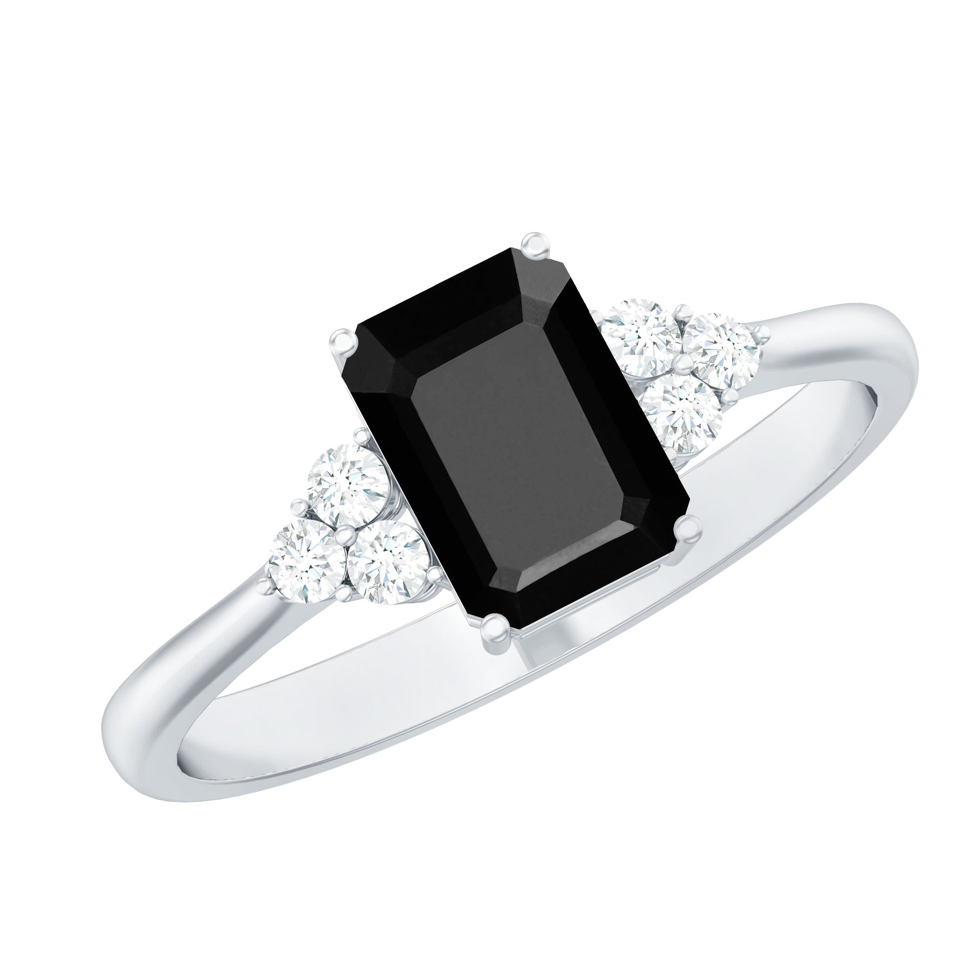 Octagon Created Black Diamond Solitaire Engagement Ring with Diamond Trio