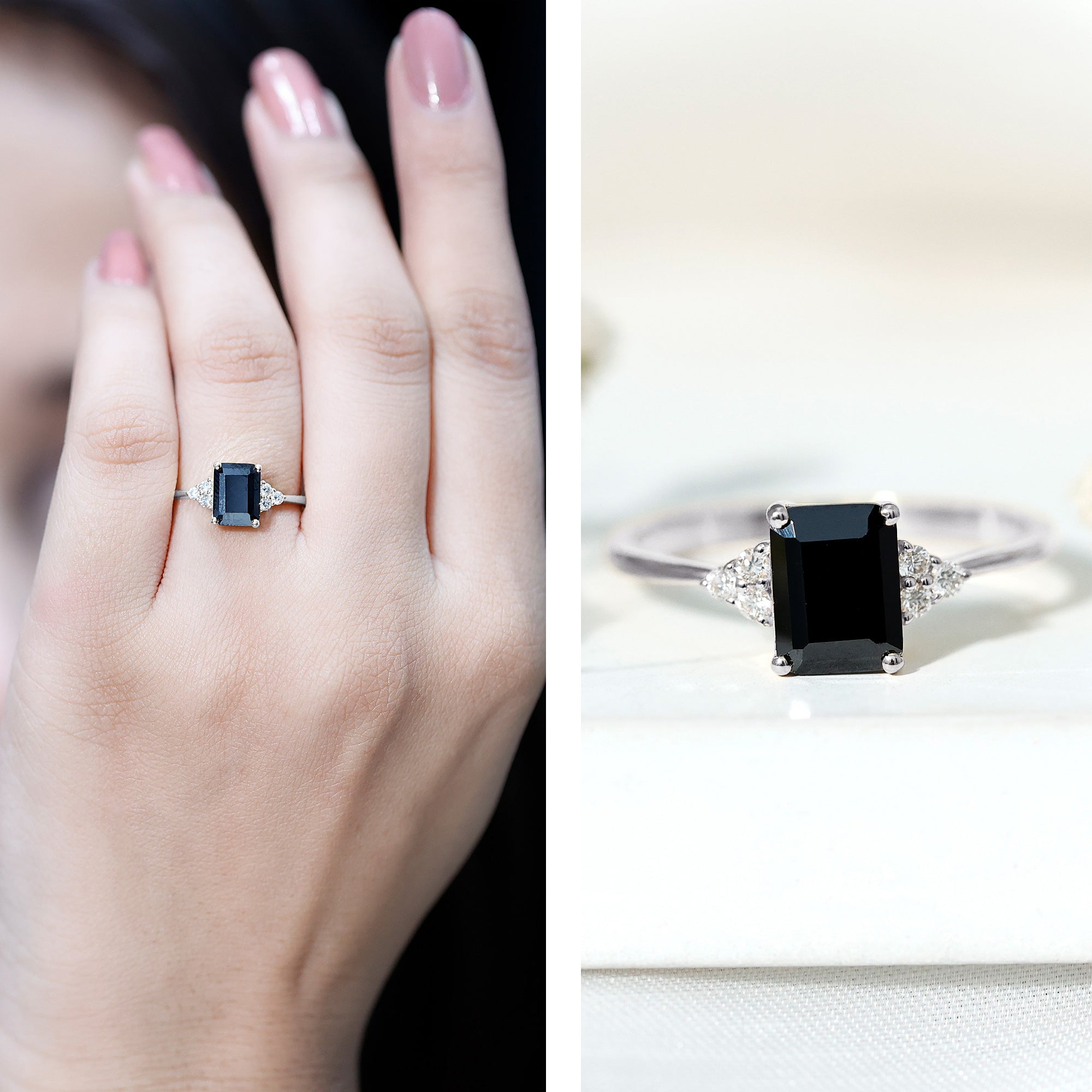 1.6 Carat Lab Grown Black Diamond Emerald Cut Engagement Ring with White Diamond AAAA ( Synthetic ) - Rosec Jewels