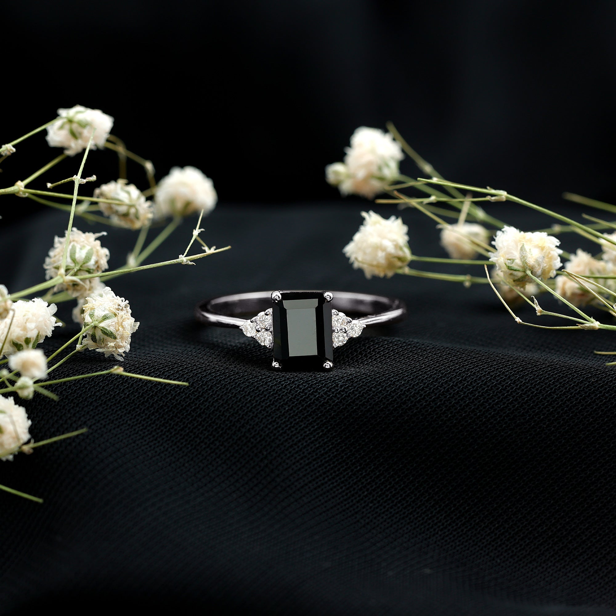 1.6 Carat Lab Grown Black Diamond Emerald Cut Engagement Ring with White Diamond AAAA ( Synthetic ) - Rosec Jewels