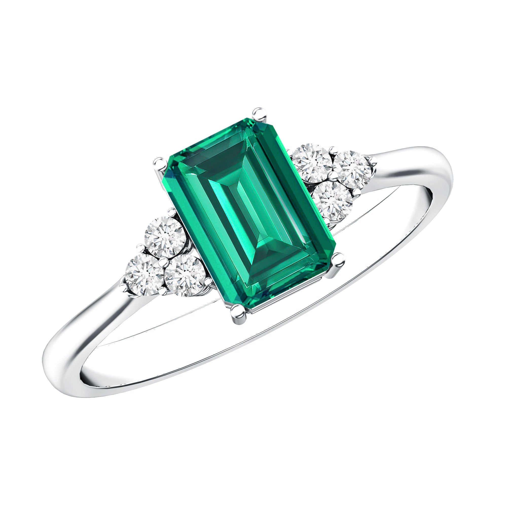 Certified 6X8 mm Lab Grown Emerald Cut Emerald Engagement Ring with Diamond Trio AAAA - Rosec Jewels