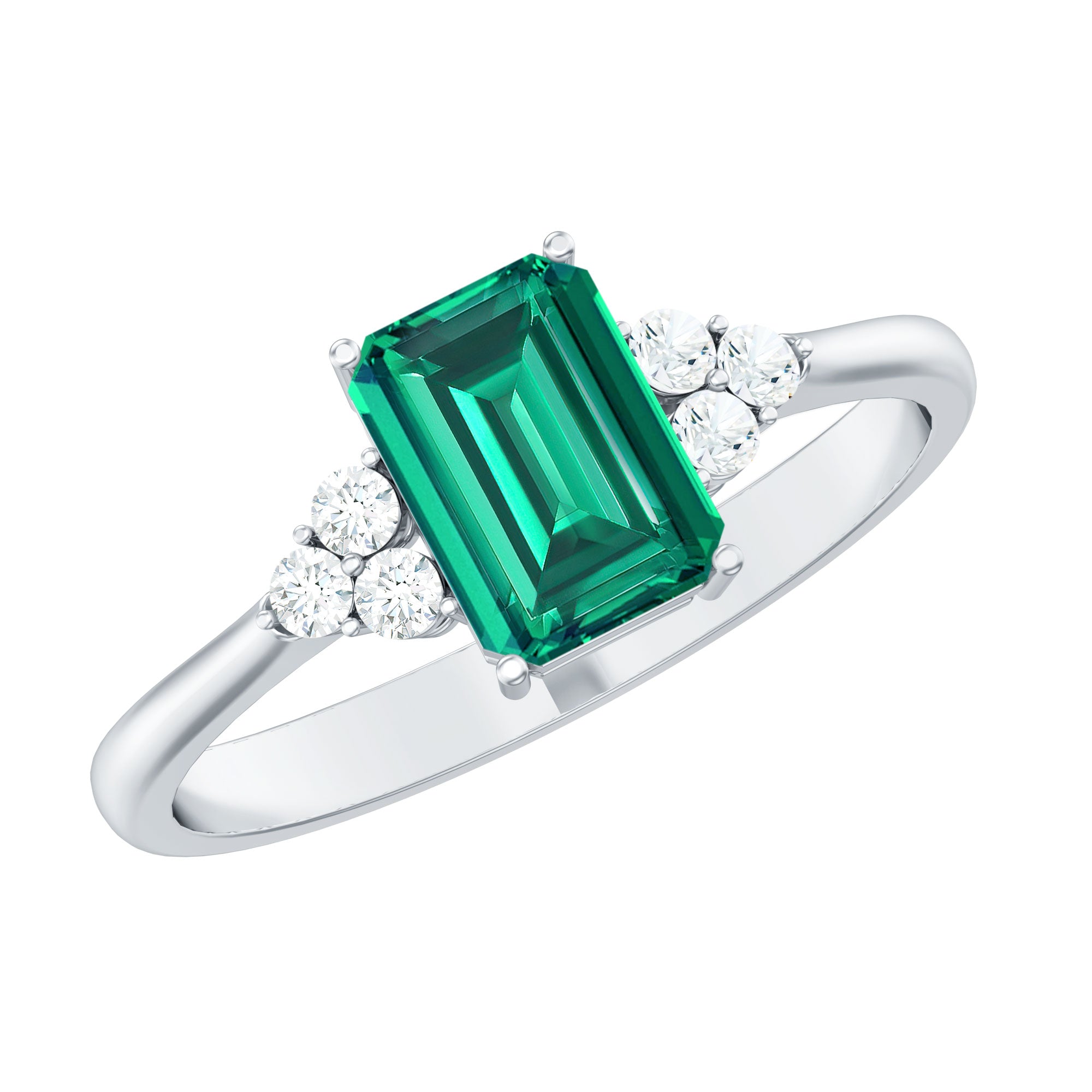 Certified 6X8 mm Lab Grown Emerald Cut Emerald Engagement Ring with Diamond Trio