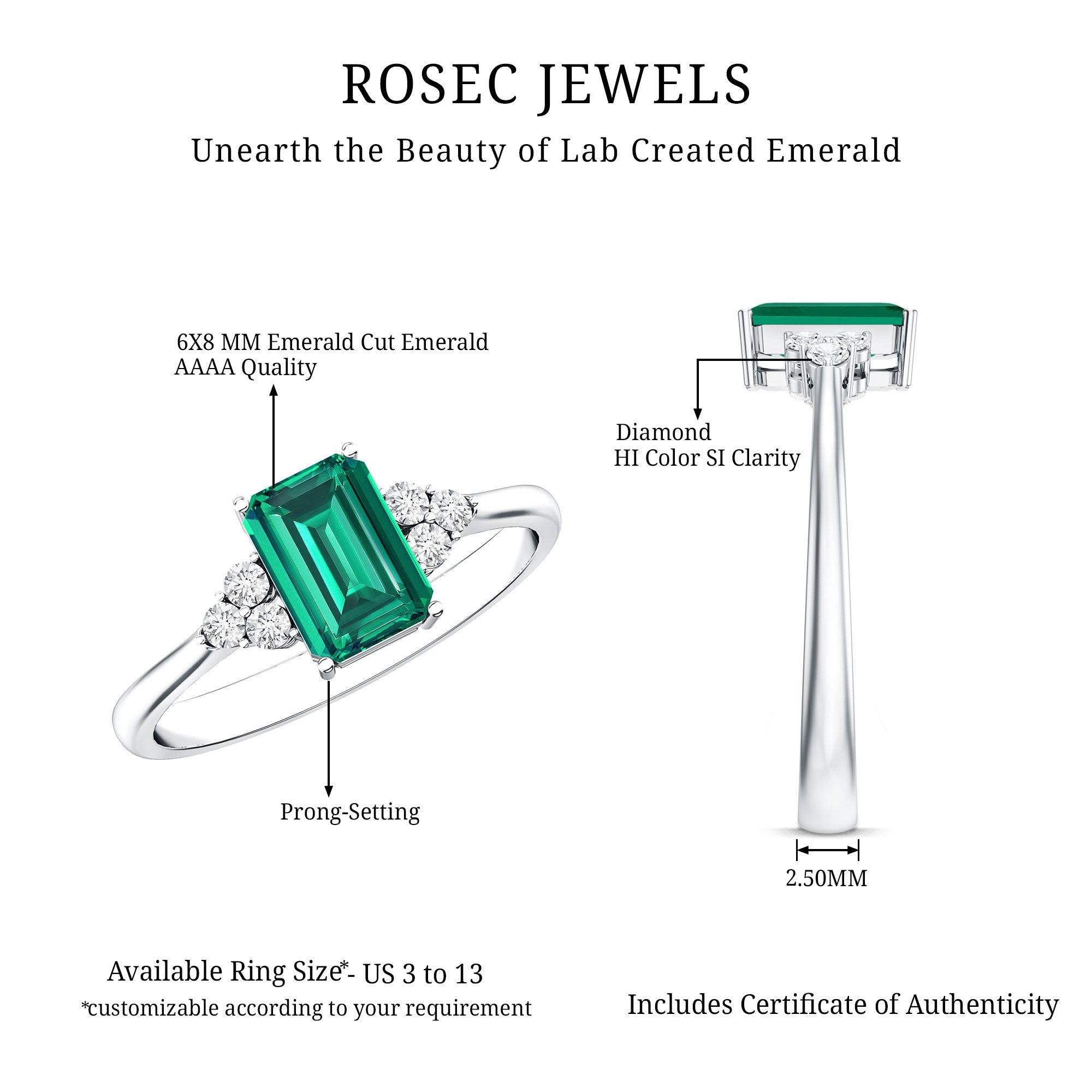 Certified 6X8 mm Lab Grown Emerald Cut Emerald Engagement Ring with Diamond Trio AAAA - Rosec Jewels