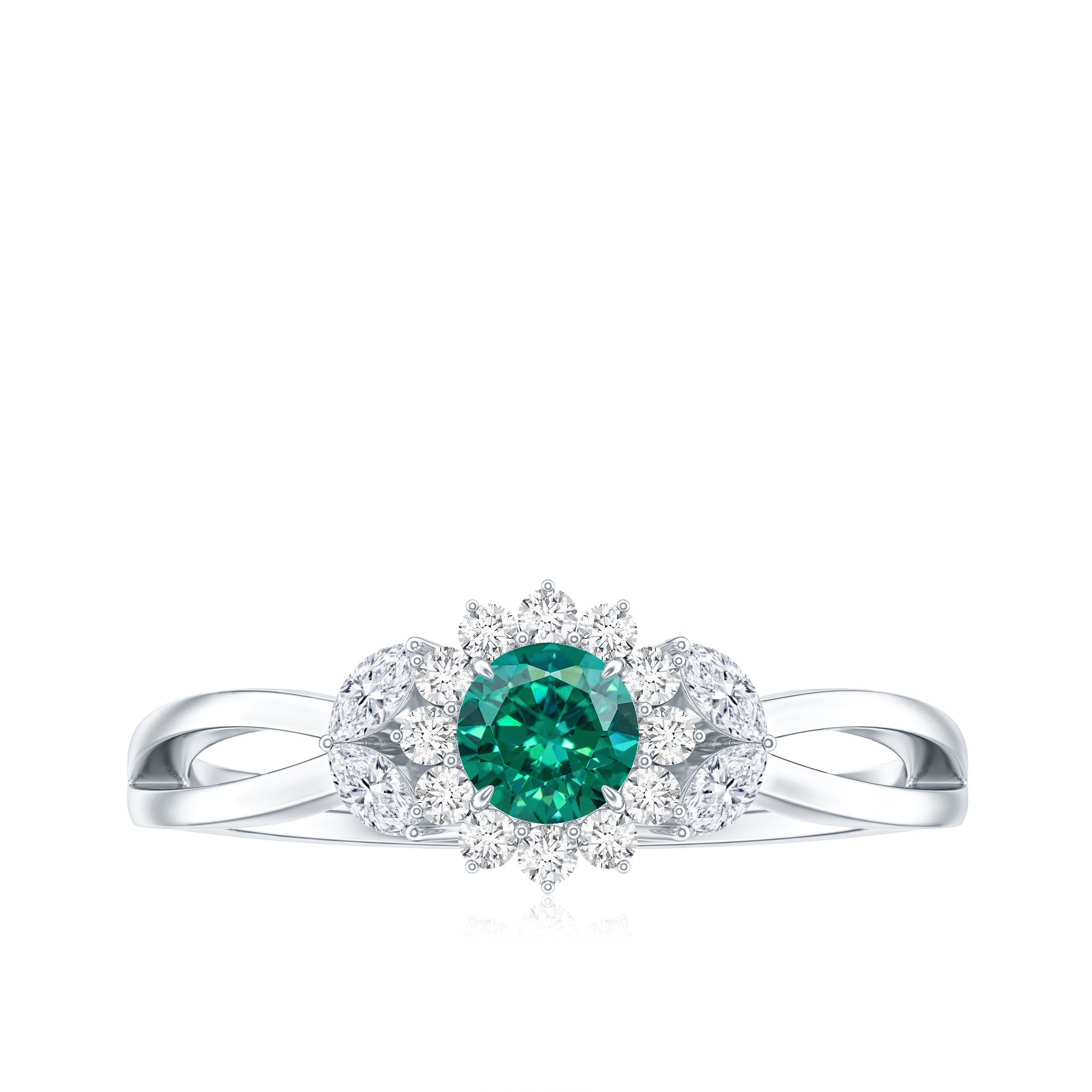 Certified Lab Grown Emerald Diamond Flower Engagement Ring with Split Shank AAAA - Rosec Jewels