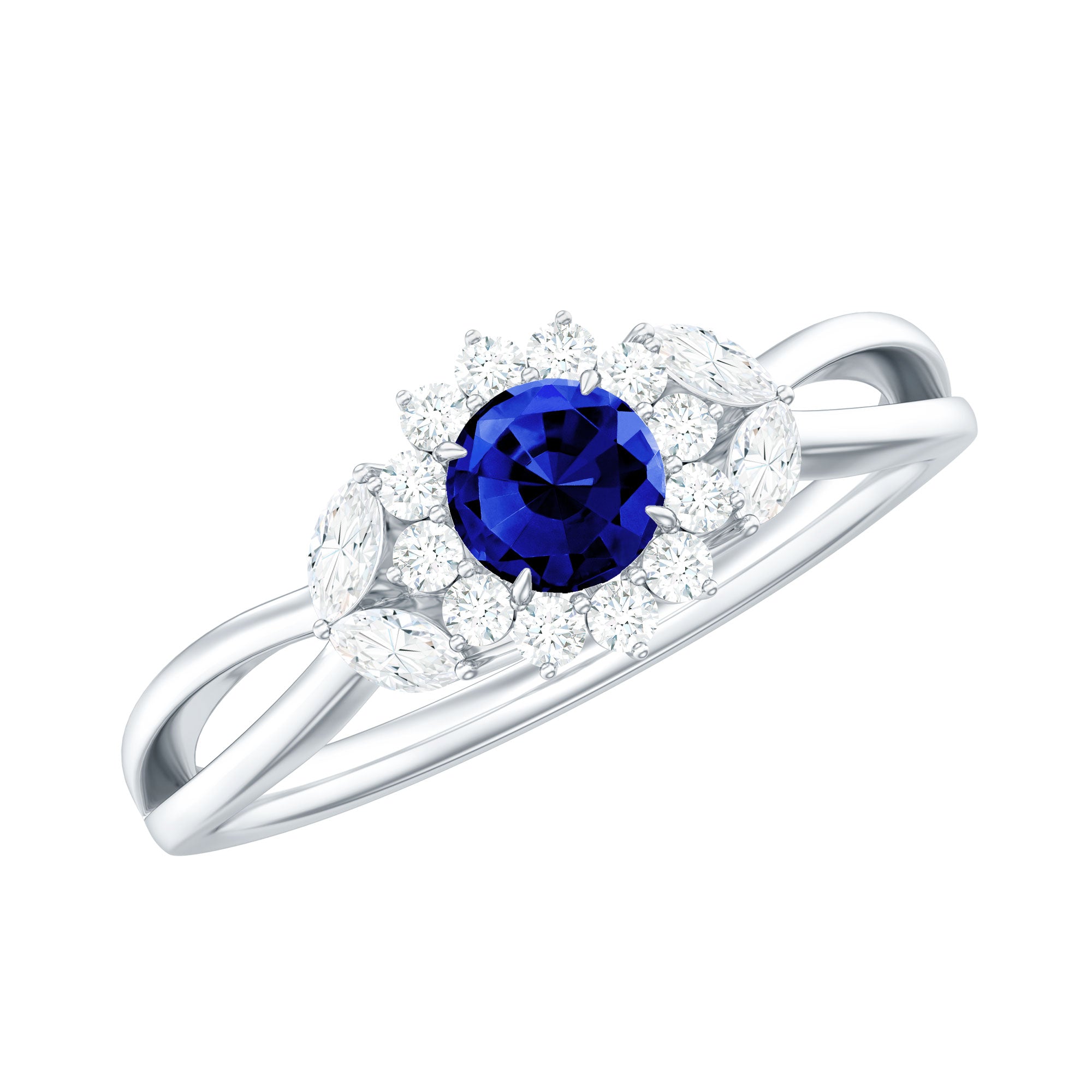 Created Blue Sapphire and Diamond Flower Engagement Ring with Split Shank