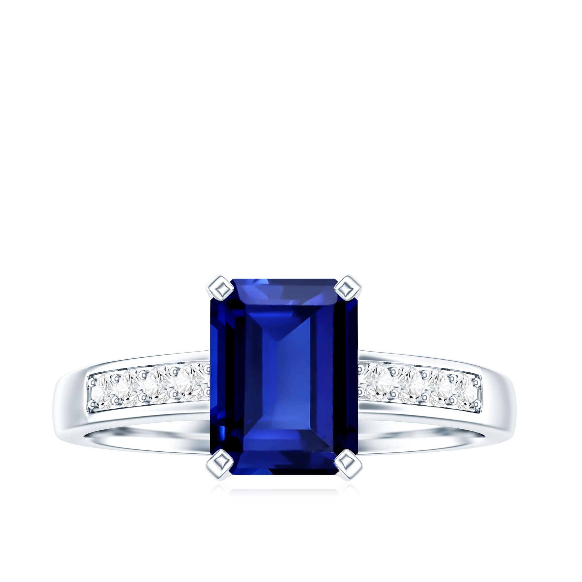 Certified 1.75 Carat Emerald Cut Lab Grown Blue Sapphire Engagement Ring with Diamond AAAA - Rosec Jewels