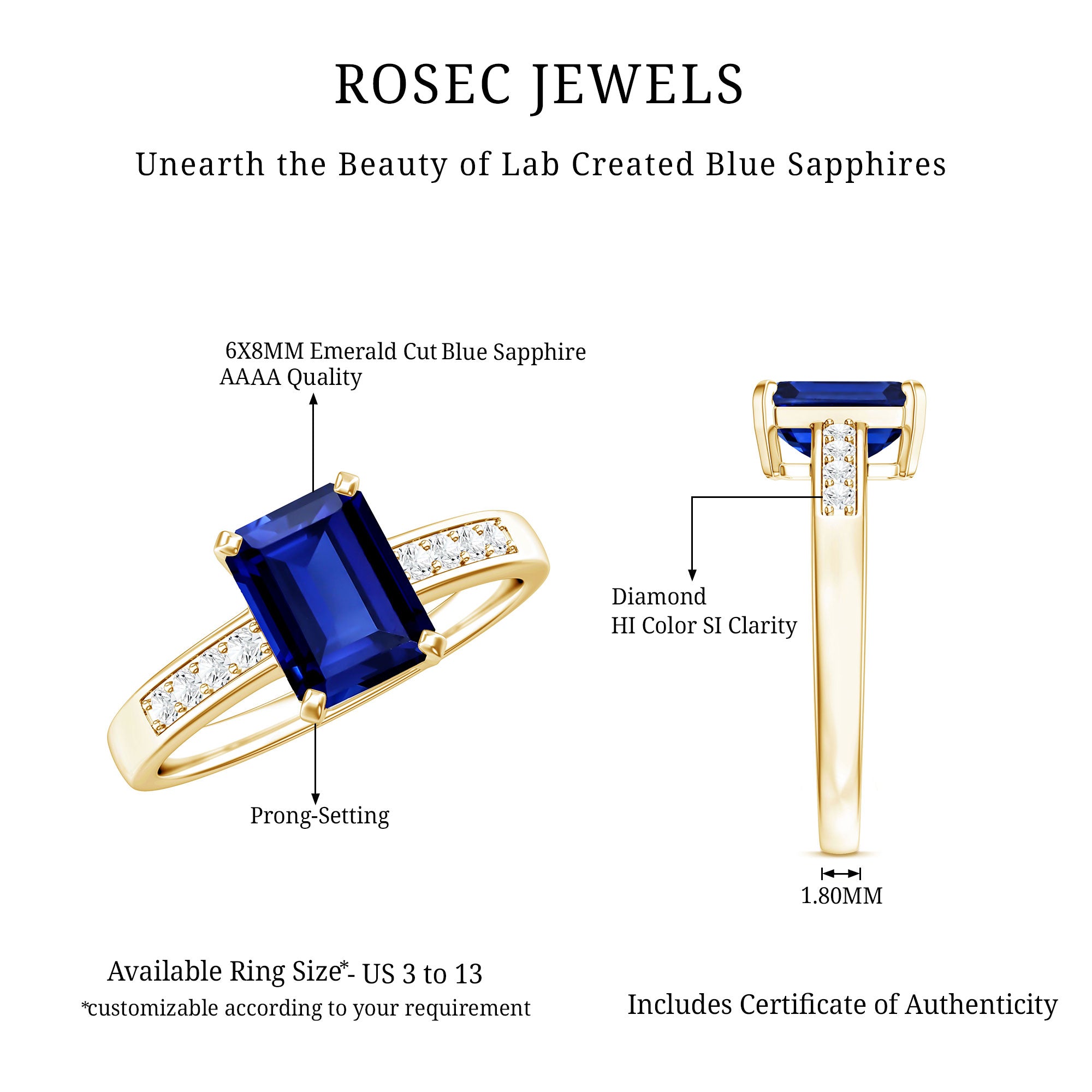 Certified 1.75 Carat Emerald Cut Lab Grown Blue Sapphire Engagement Ring with Diamond AAAA - Rosec Jewels