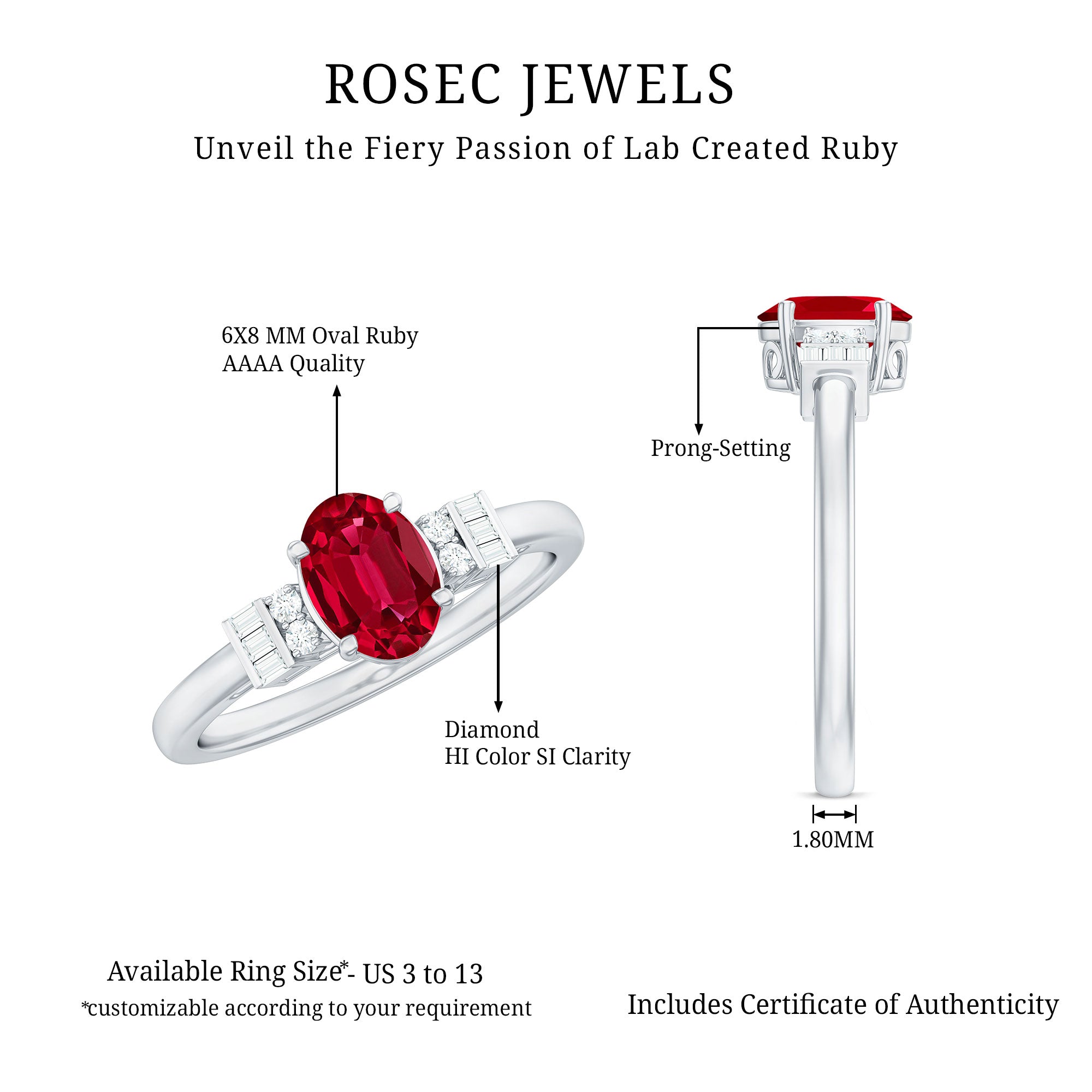 Classic Lab Grown Ruby Engagement Ring with Diamond Stones AAAA - Rosec Jewels