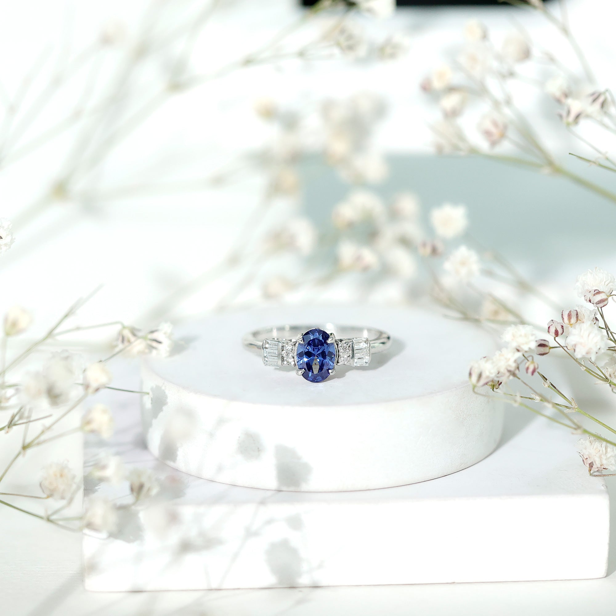 Certified 1 Carat Lab Grown Blue Sapphire Oval Engagement Ring with Diamond AAAA - Rosec Jewels