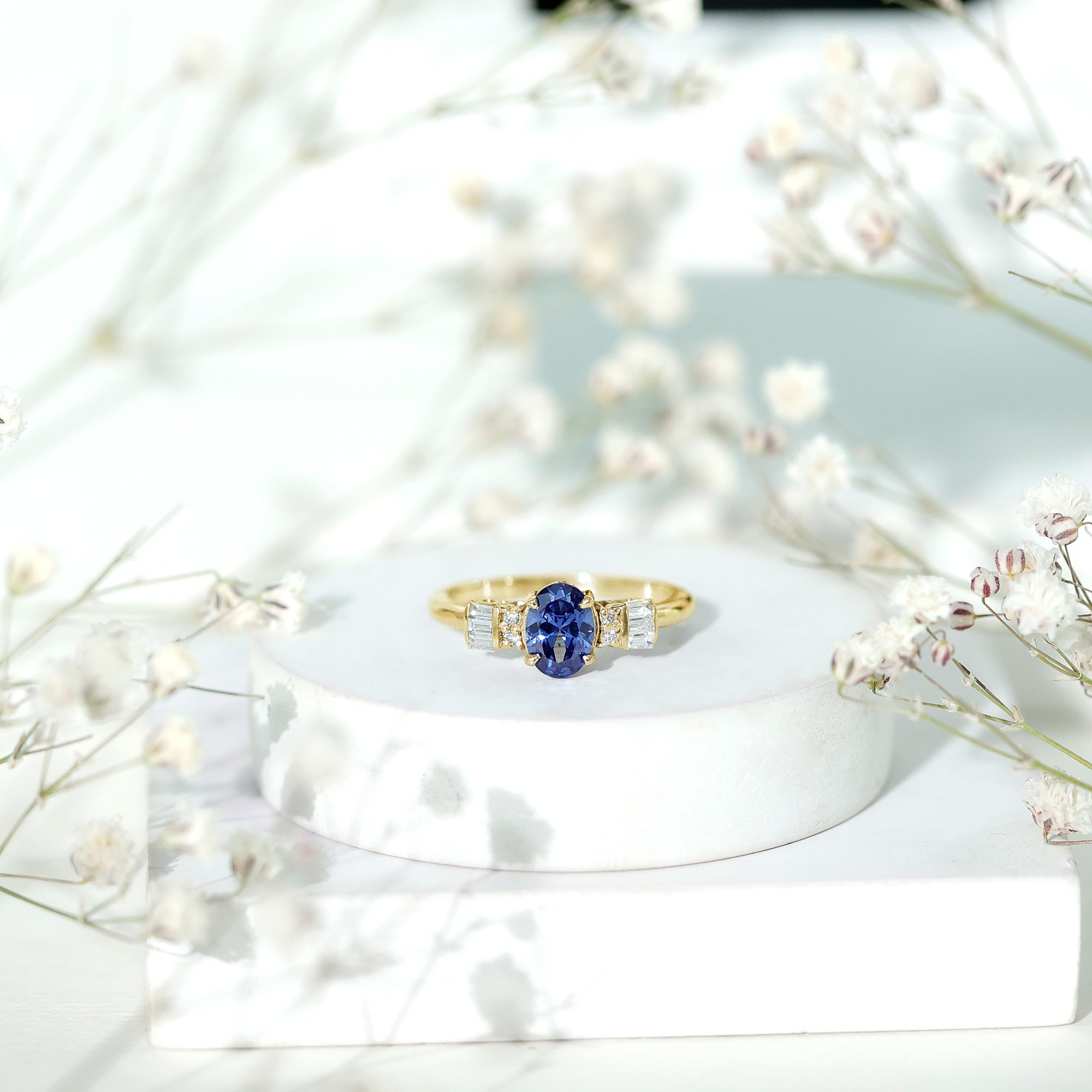 Certified 1 Carat Lab Grown Blue Sapphire Oval Engagement Ring with Diamond AAAA - Rosec Jewels