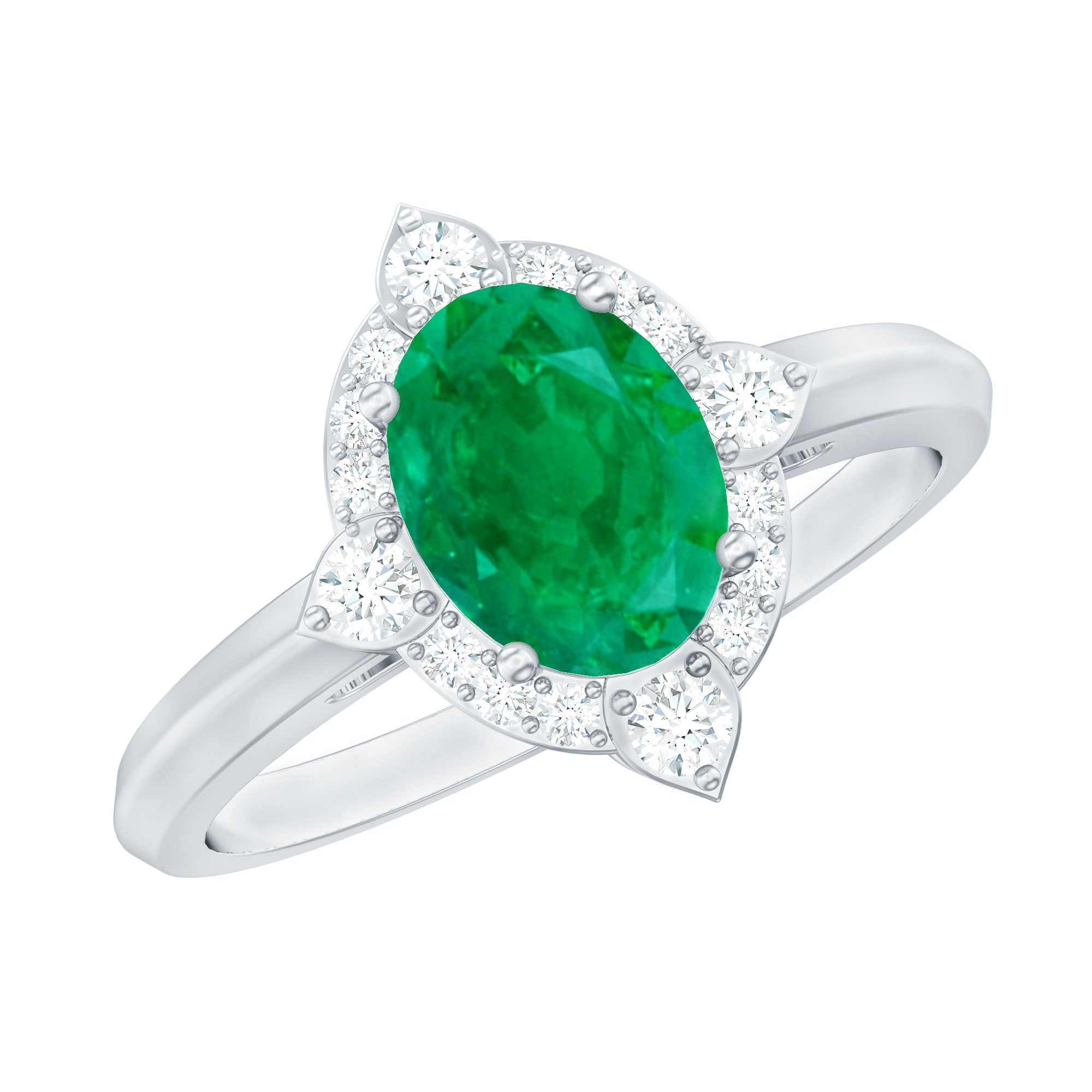 Vintage Looking Emerald Oval Engagement Ring with Diamond Halo