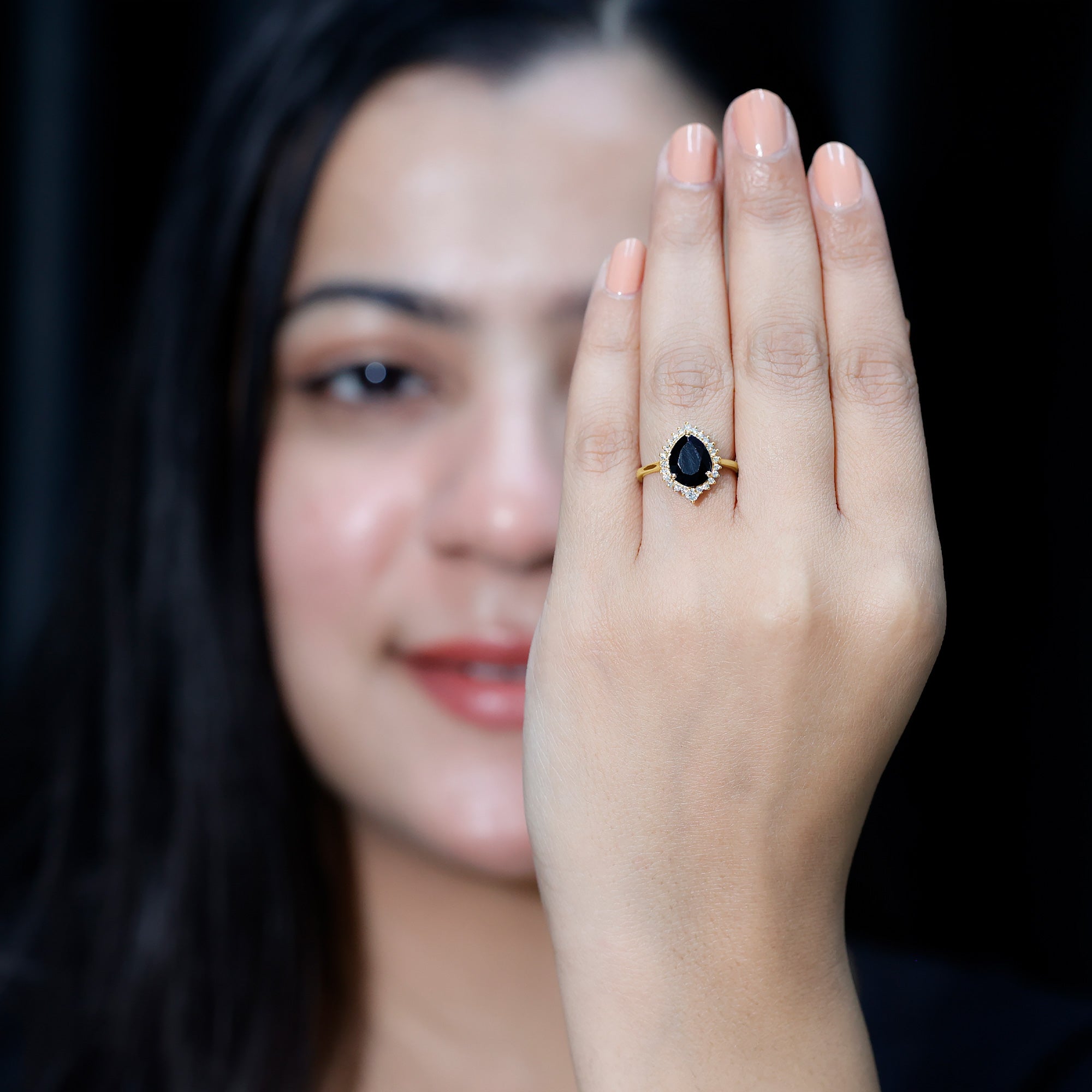 Certified 4.8 Carat Lab Grown Black Diamond Pear Shaped Engagement Ring with White Diamond Halo AAAA ( Synthetic ) - Rosec Jewels