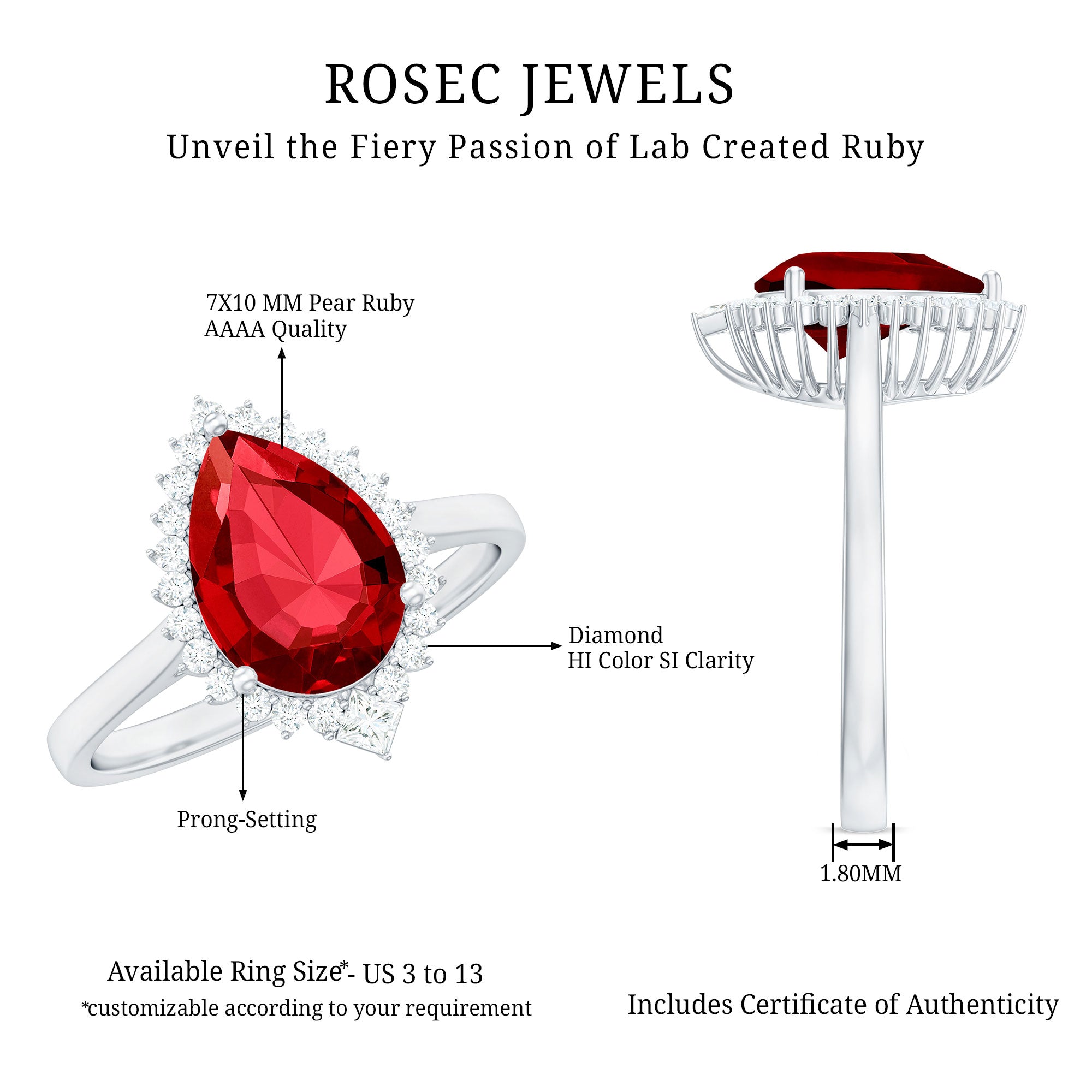Lab Ruby Teardrop Engagement Ring with Diamond Halo AAAA - Rosec Jewels