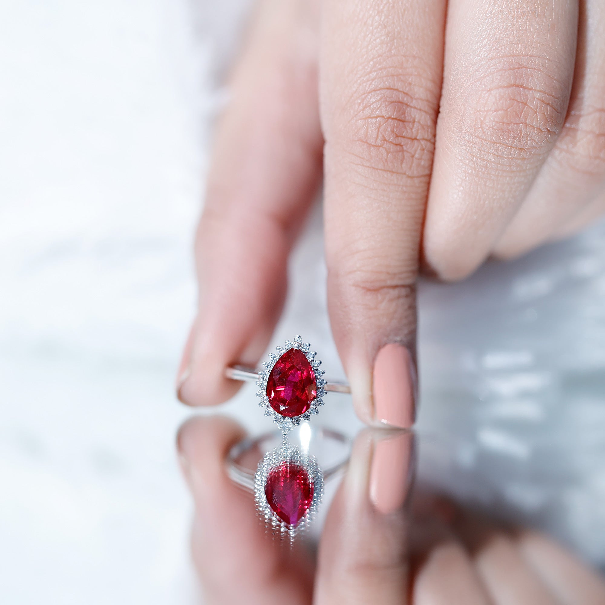 Lab Ruby Teardrop Engagement Ring with Diamond Halo AAAA - Rosec Jewels