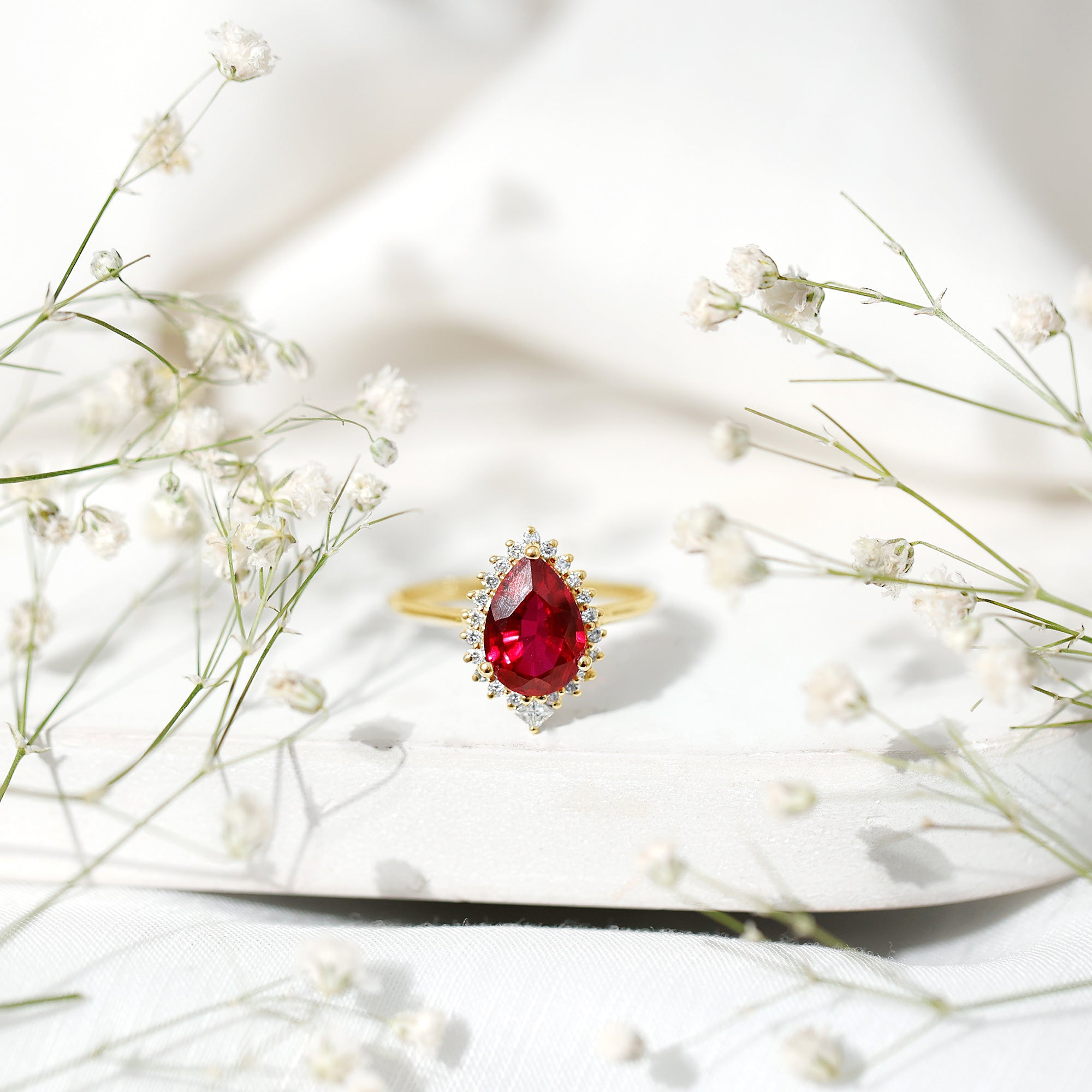 Lab Ruby Teardrop Engagement Ring with Diamond Halo AAAA - Rosec Jewels