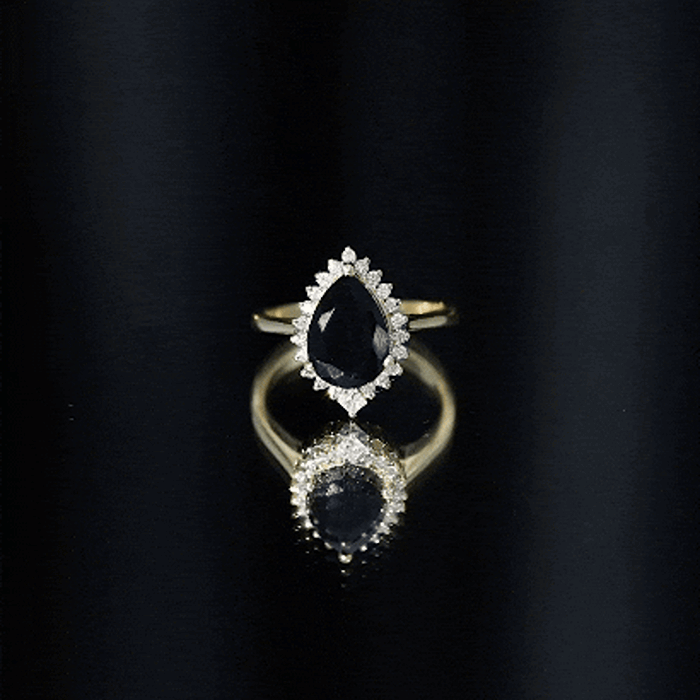 Pear Shaped Black Onyx Big Engagement Ring with Diamond Halo AAA - Rosec Jewels