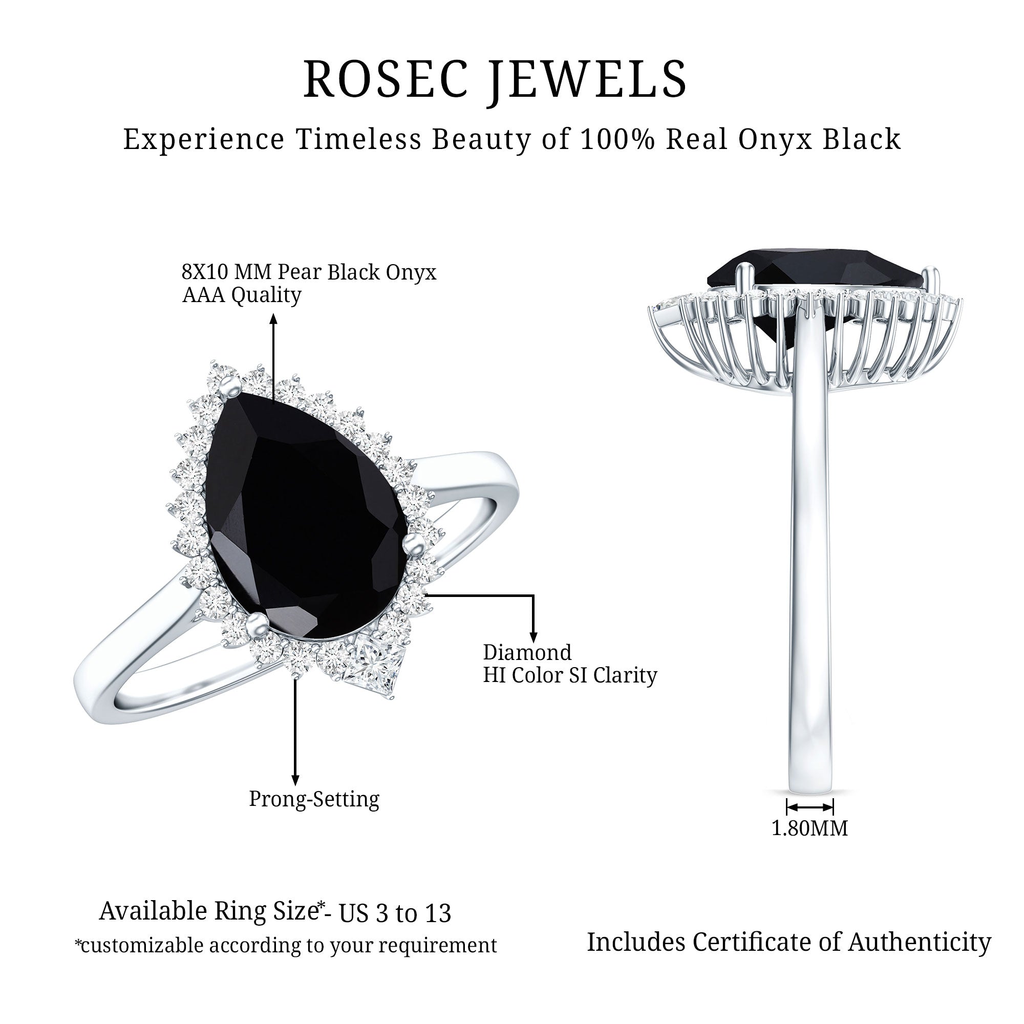 Pear Shaped Black Onyx Big Engagement Ring with Diamond Halo AAA - Rosec Jewels