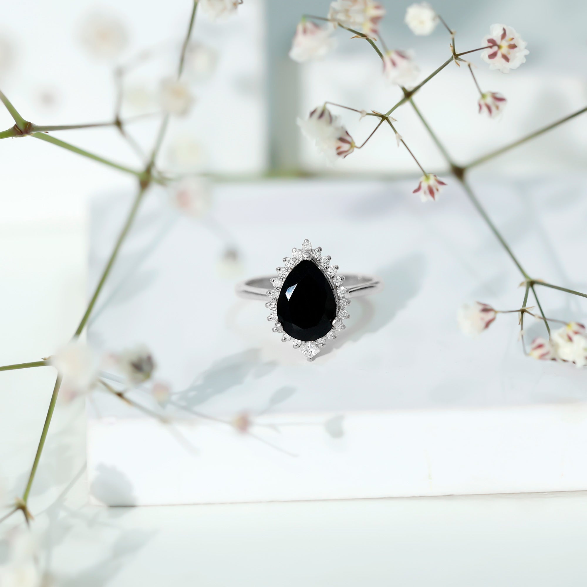 Pear Shaped Black Onyx Big Engagement Ring with Diamond Halo AAA - Rosec Jewels