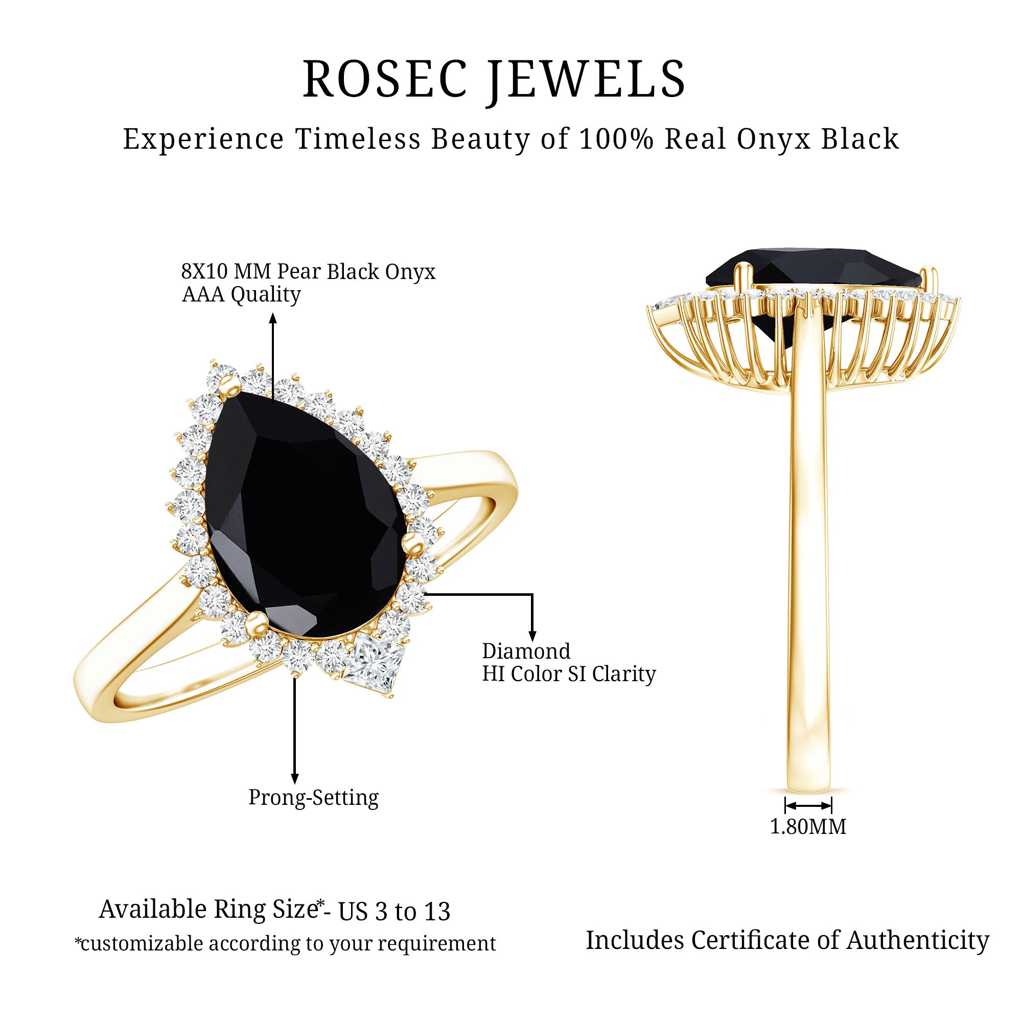 Pear Shaped Black Onyx Big Engagement Ring with Diamond Halo AAA - Rosec Jewels