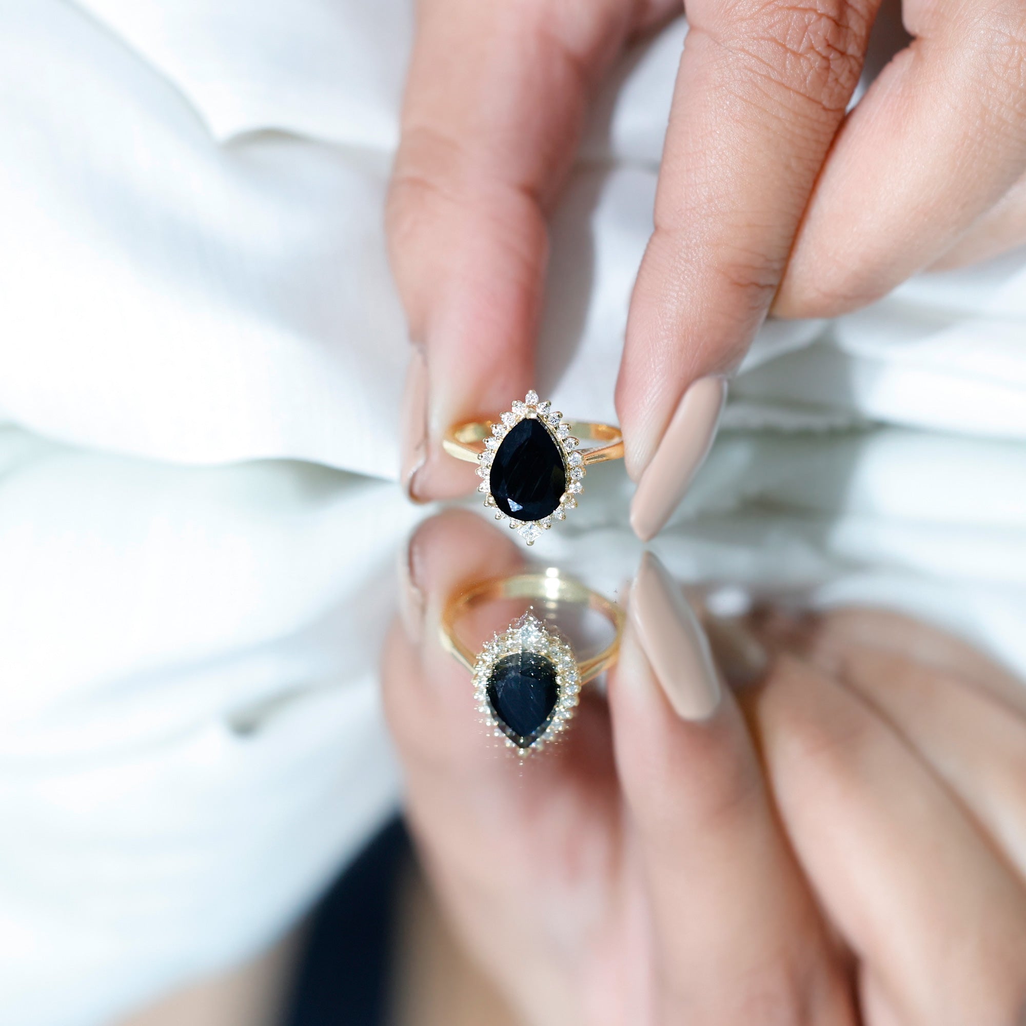 Pear Shaped Black Onyx Big Engagement Ring with Diamond Halo AAA - Rosec Jewels