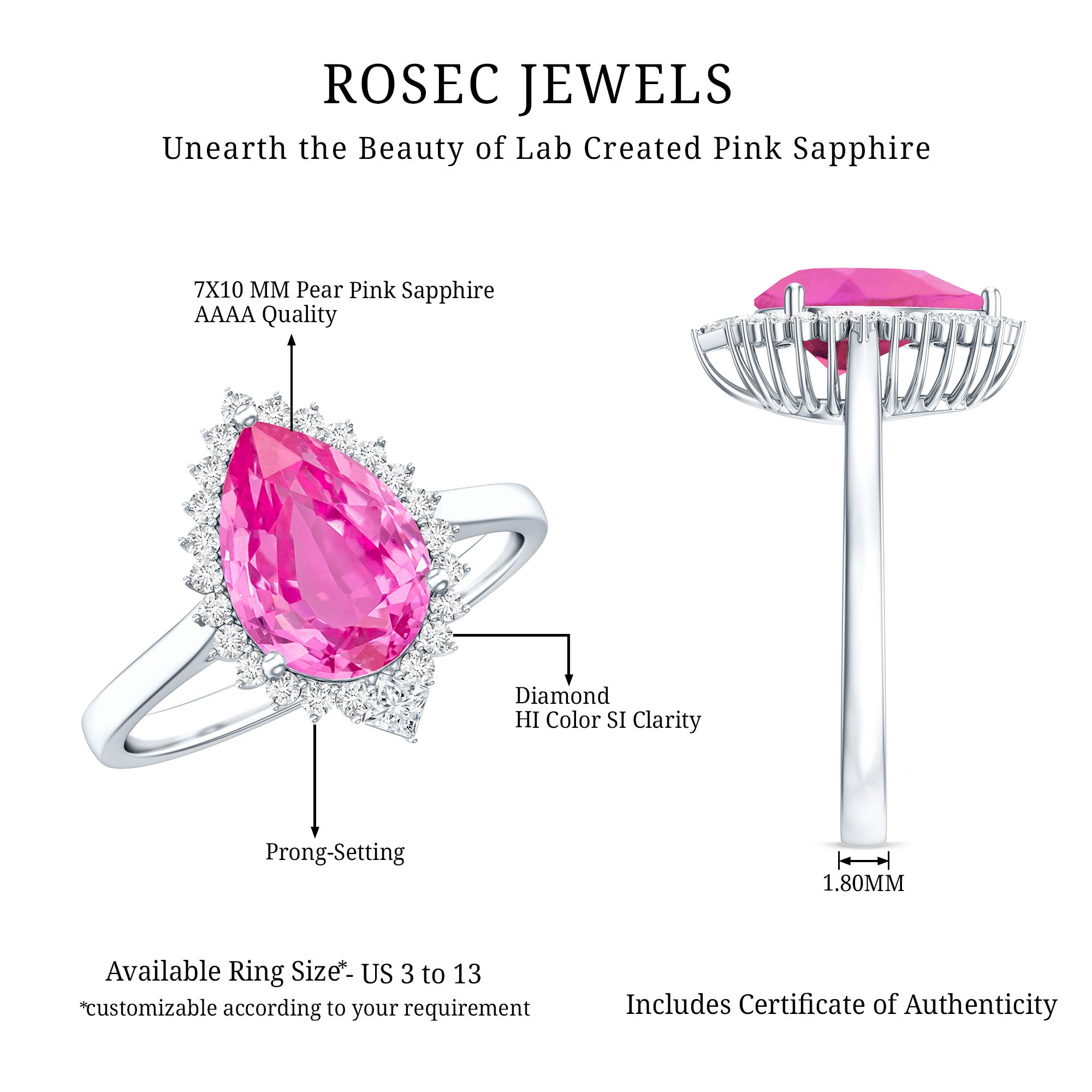 Pear Created Pink Sapphire Cocktail Halo Ring with Diamond AAAA - Rosec Jewels