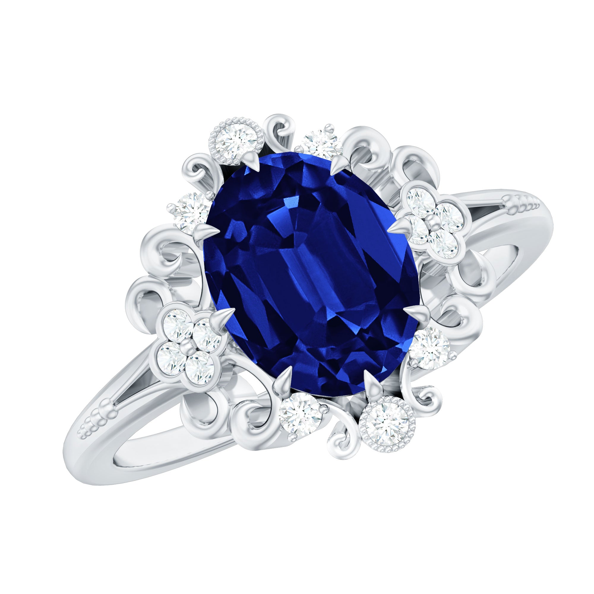 Vintage Inspired Created Blue Sapphire Engagement Ring with Diamond