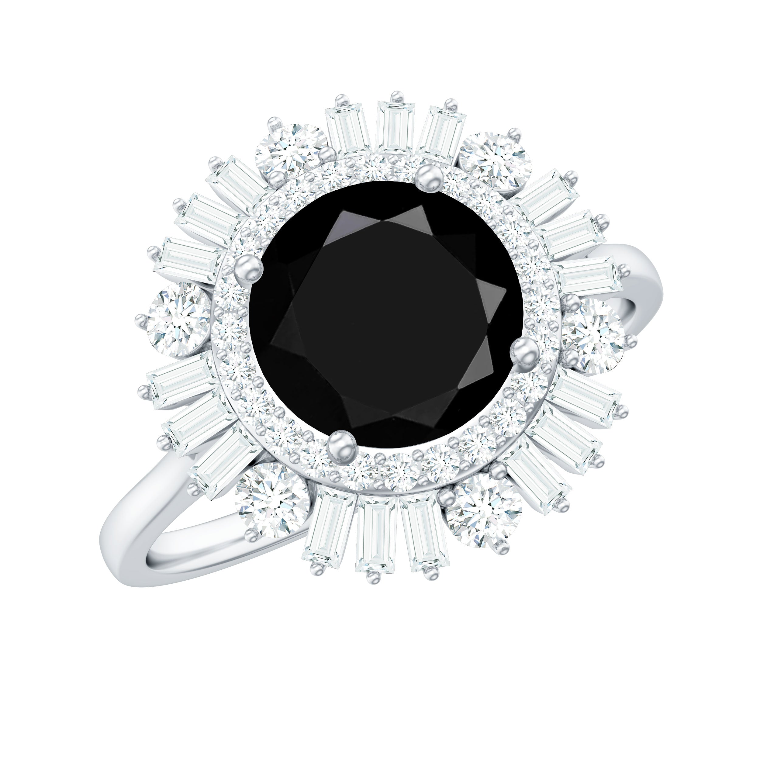 7mm Round Black Onyx Double Halo Cocktail Ring with Moissanite