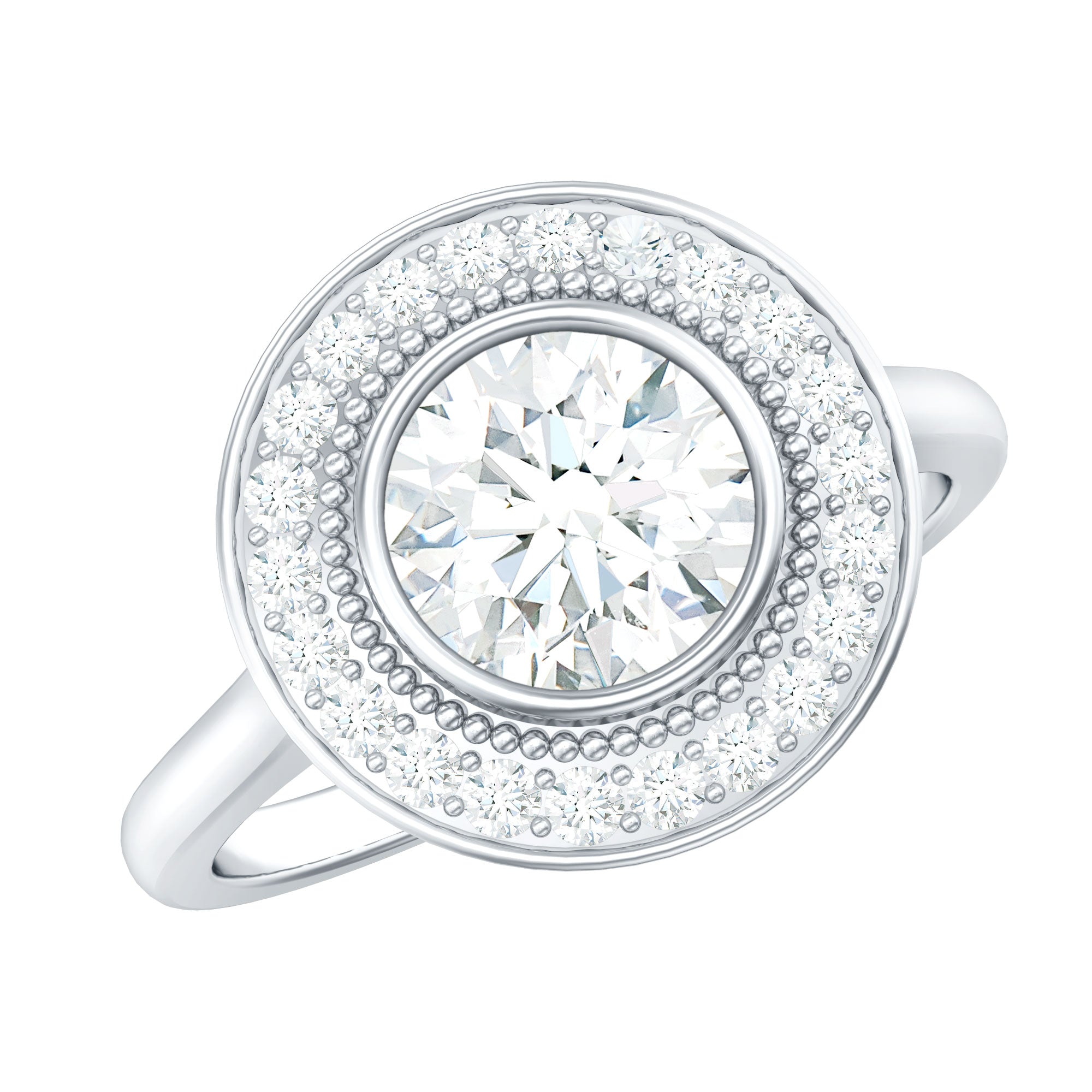 Vintage Inspired Round Moissanite Halo Engagement Ring with Certificate
