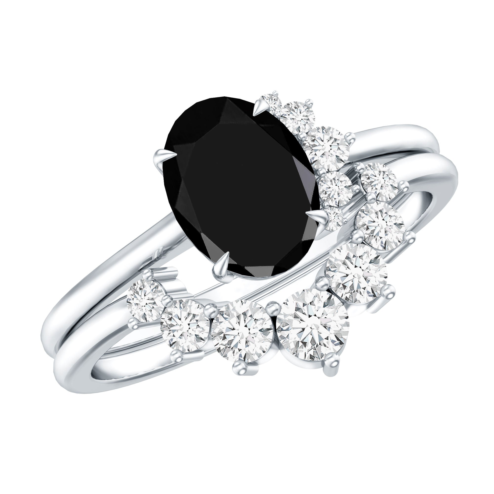 Created Black Diamond Oval Engagement Ring Set with Diamond AAAA ( Synthetic ) - Rosec Jewels