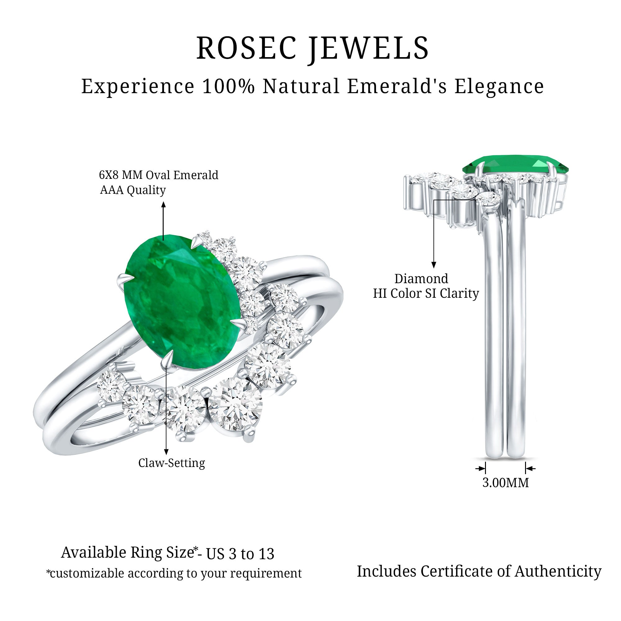 Natural Emerald Wedding Engagement Ring Set with Diamond AAA - Rosec Jewels