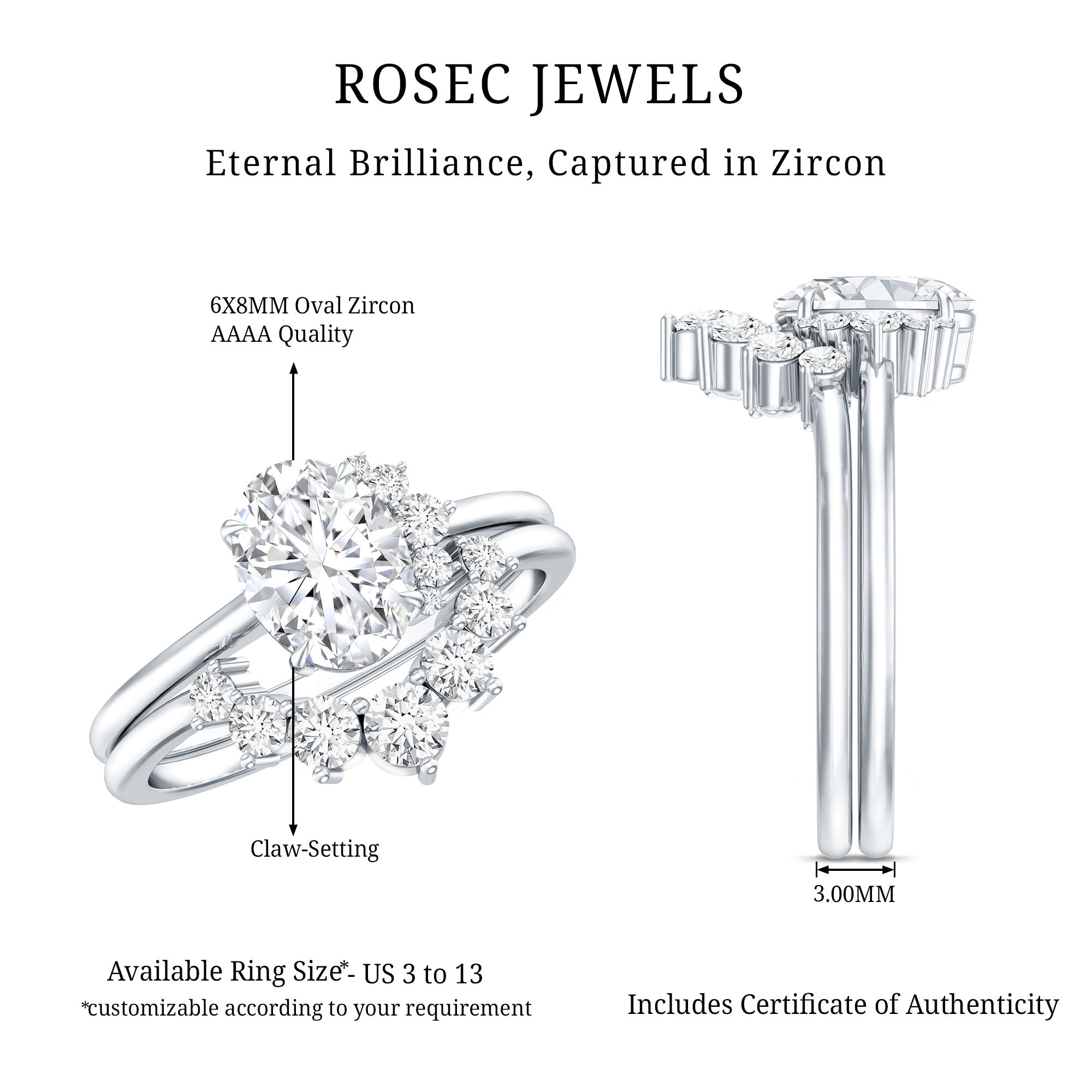 2.75 CT Oval Cut Zircon Half Halo Wedding Ring Set AAAA - Rosec Jewels