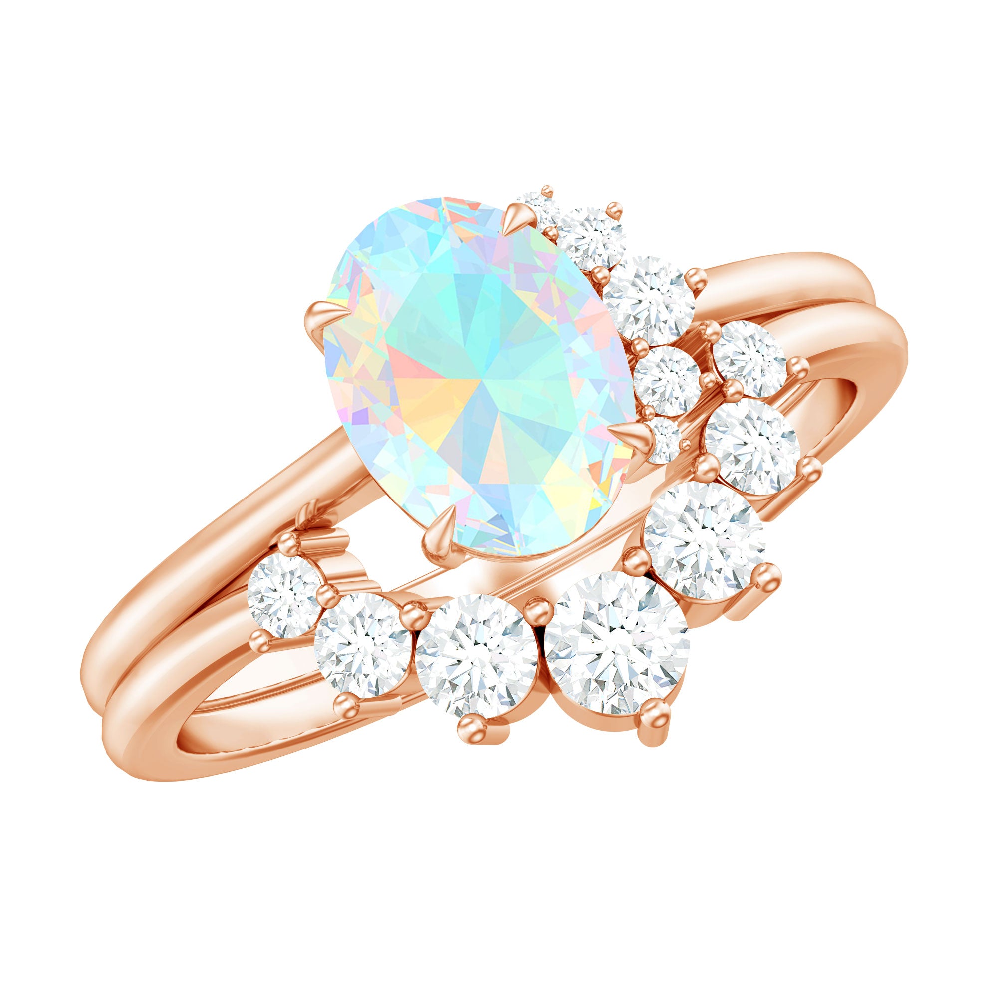 Real Ethiopian Opal Diamond Oval Engagement Ring and Wedding Band Set AAA - Rosec Jewels