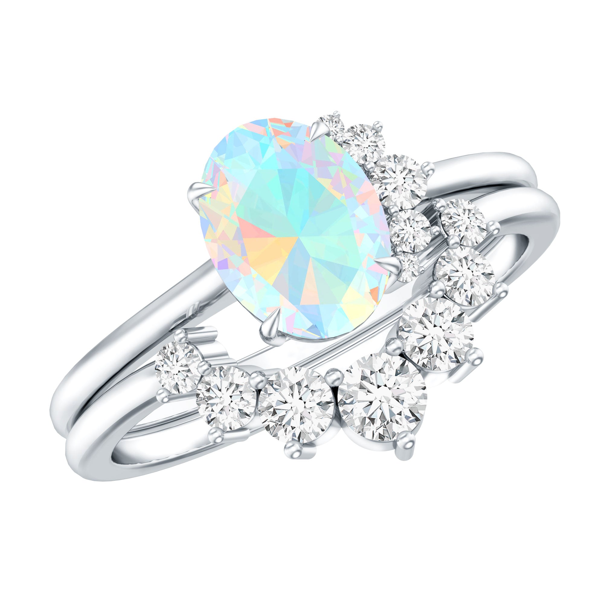 Real Ethiopian Opal Diamond Oval Engagement Ring and Wedding Band Set AAA - Rosec Jewels
