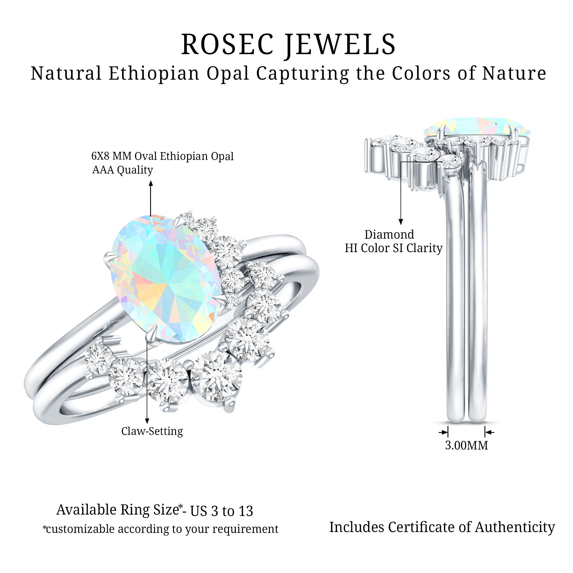 Real Ethiopian Opal Diamond Oval Engagement Ring and Wedding Band Set AAA - Rosec Jewels
