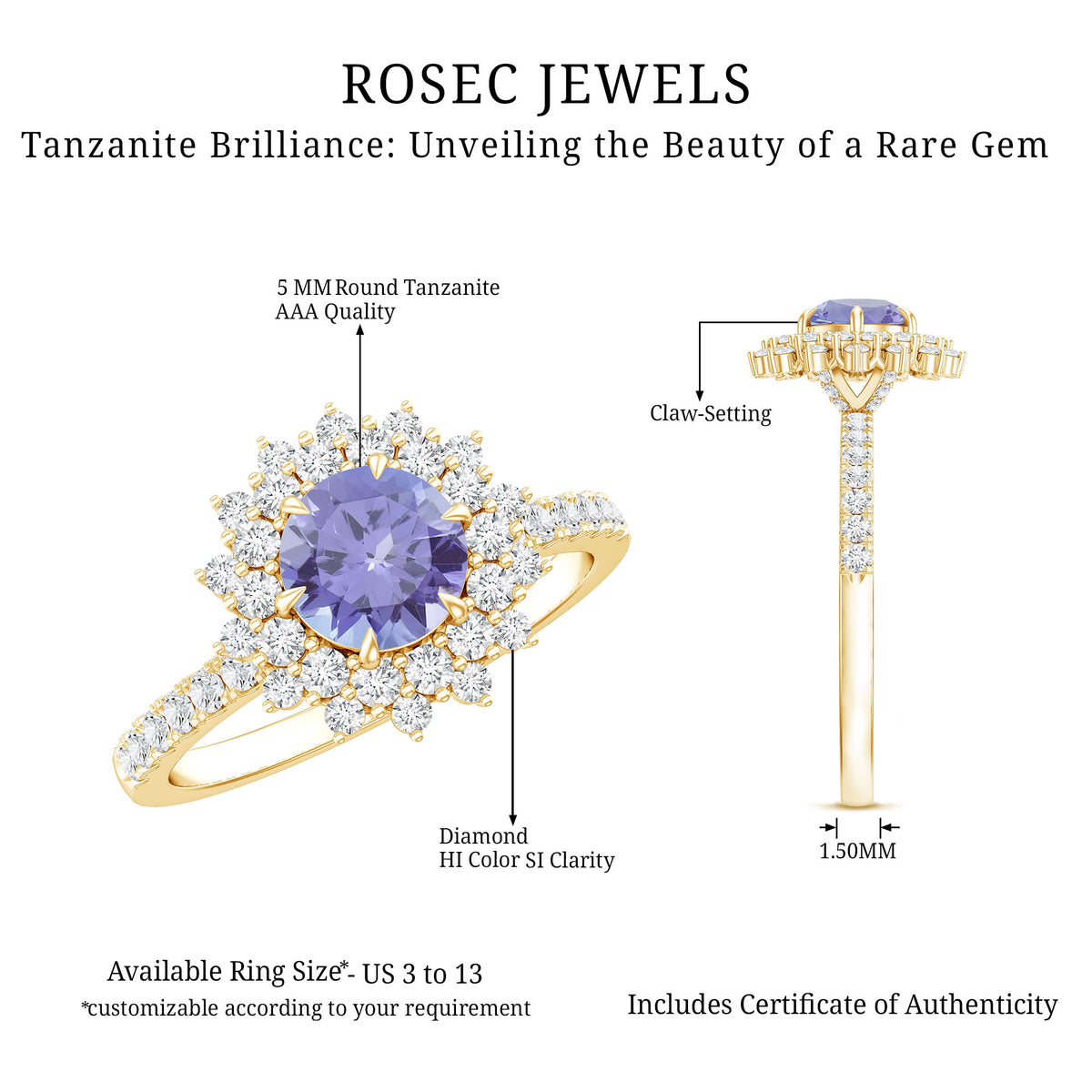 Natural Tanzanite Diamond Engagement Ring with Double Halo AAA - Rosec Jewels