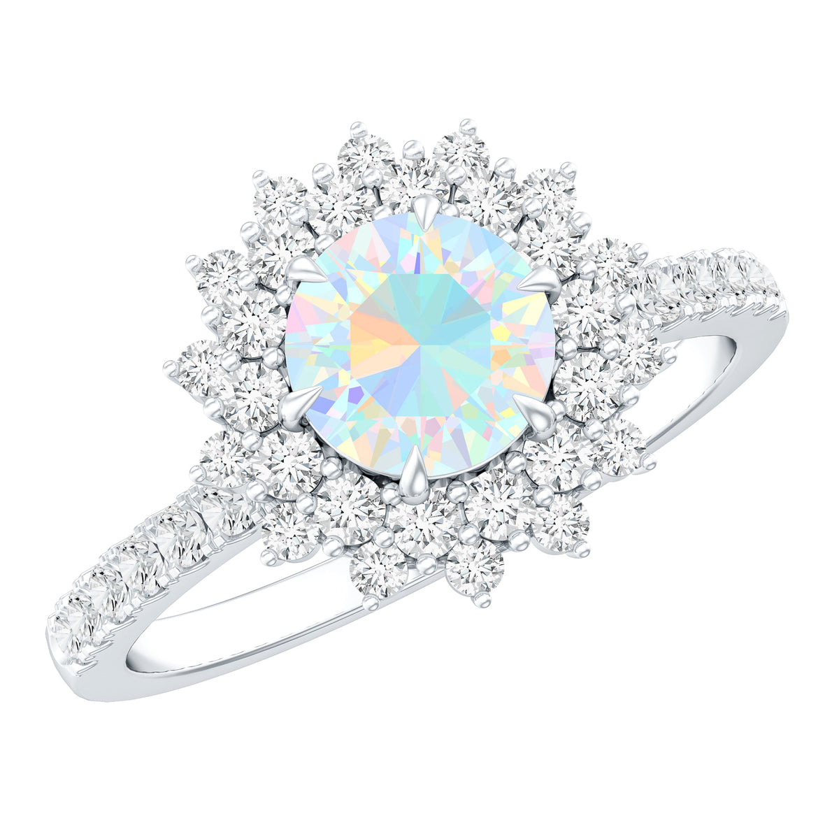 Natural Opalescent Circle Engagement Ring with Double Halo AAA - Rosec Jewels