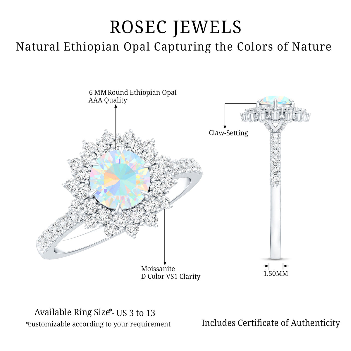 Natural Opalescent Circle Engagement Ring with Double Halo AAA - Rosec Jewels